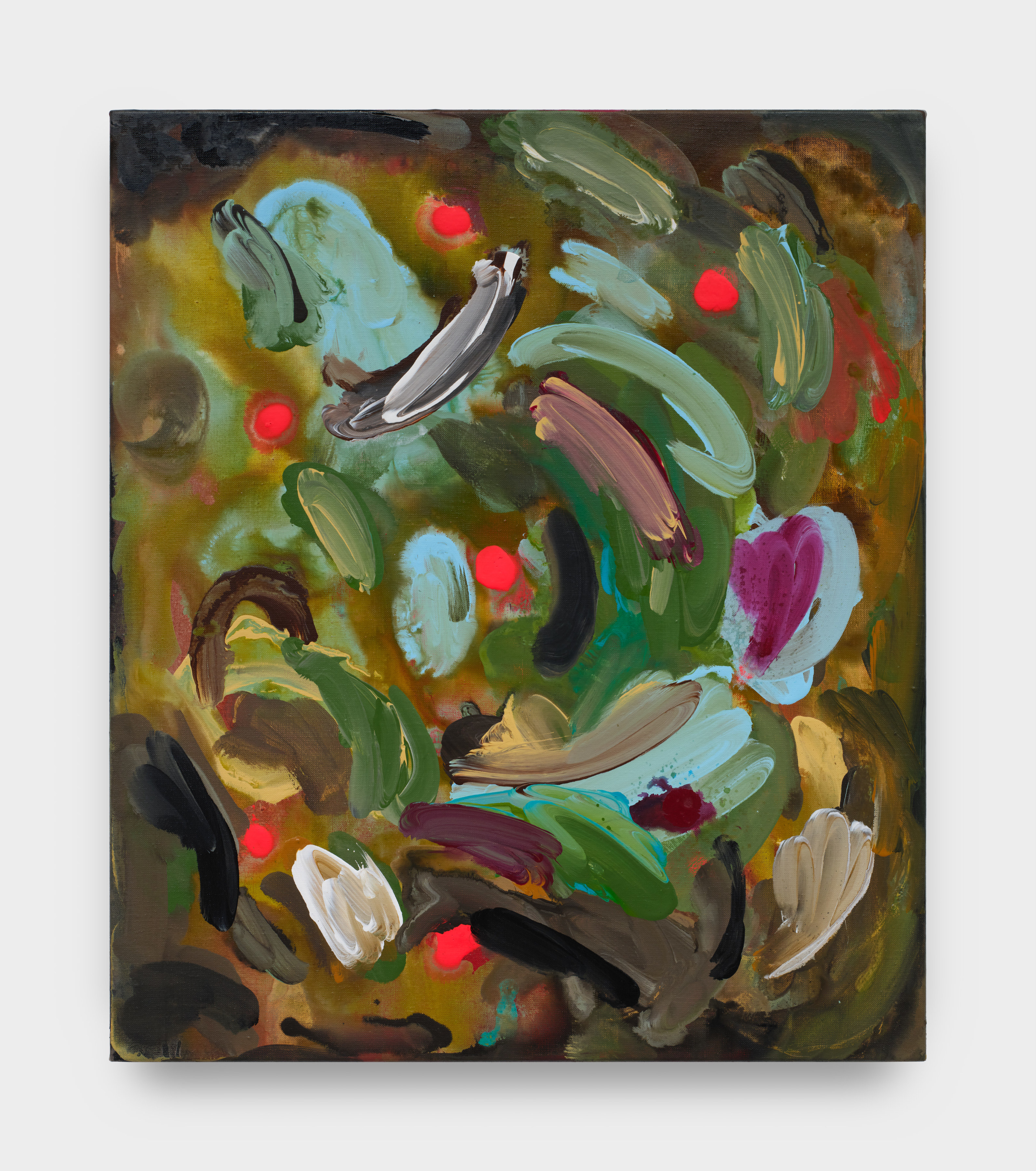 A painting on linen, brush strokes sweep across the painting in various colors such as light blue, white, purple, green, white, black and orange-red.