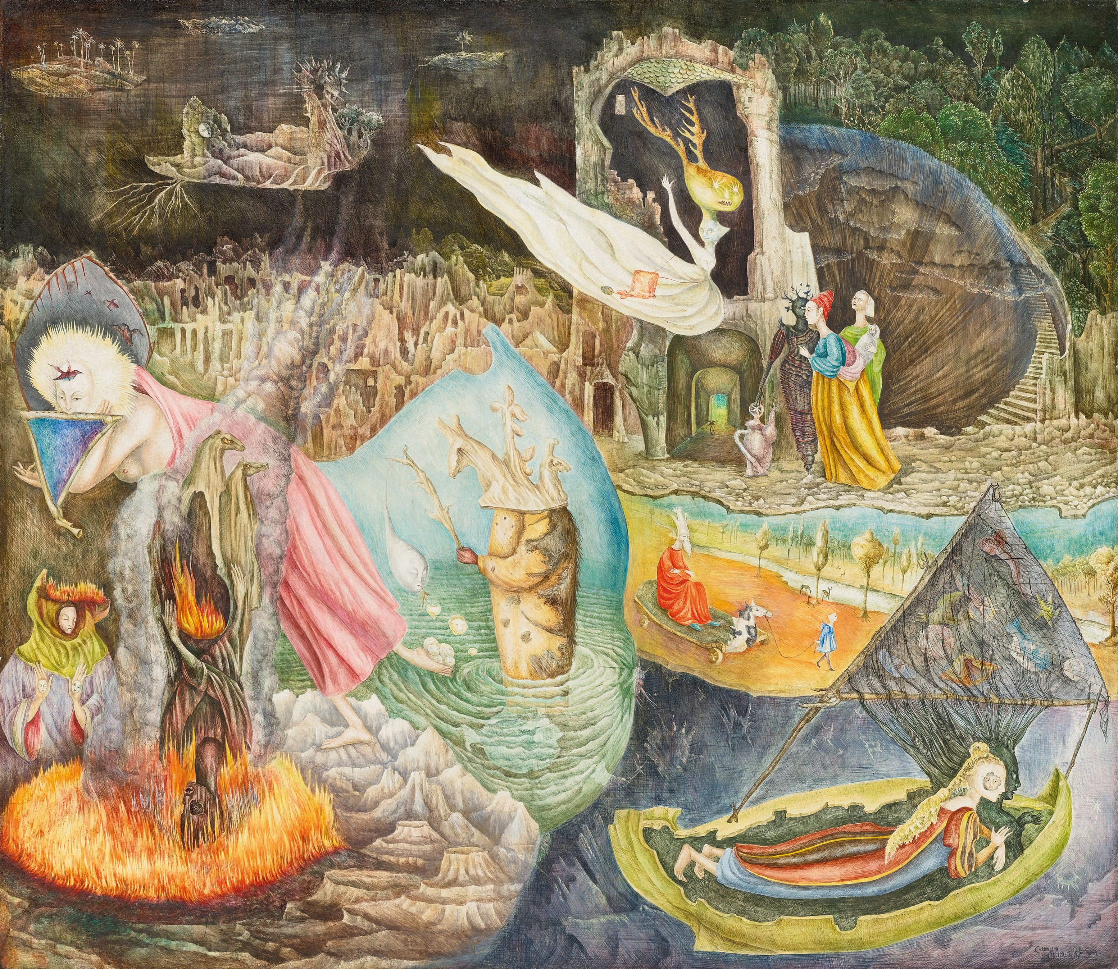 Leonora Carrington. Les Distractions de Dagobert. 1945. Tempera on Masonite, 74.9 by 86.7 cm (29&frac12; by 34⅛ in.). Private Collection &copy; 2019 Leonora Carrington / Artists Rights Society (ARS), New York