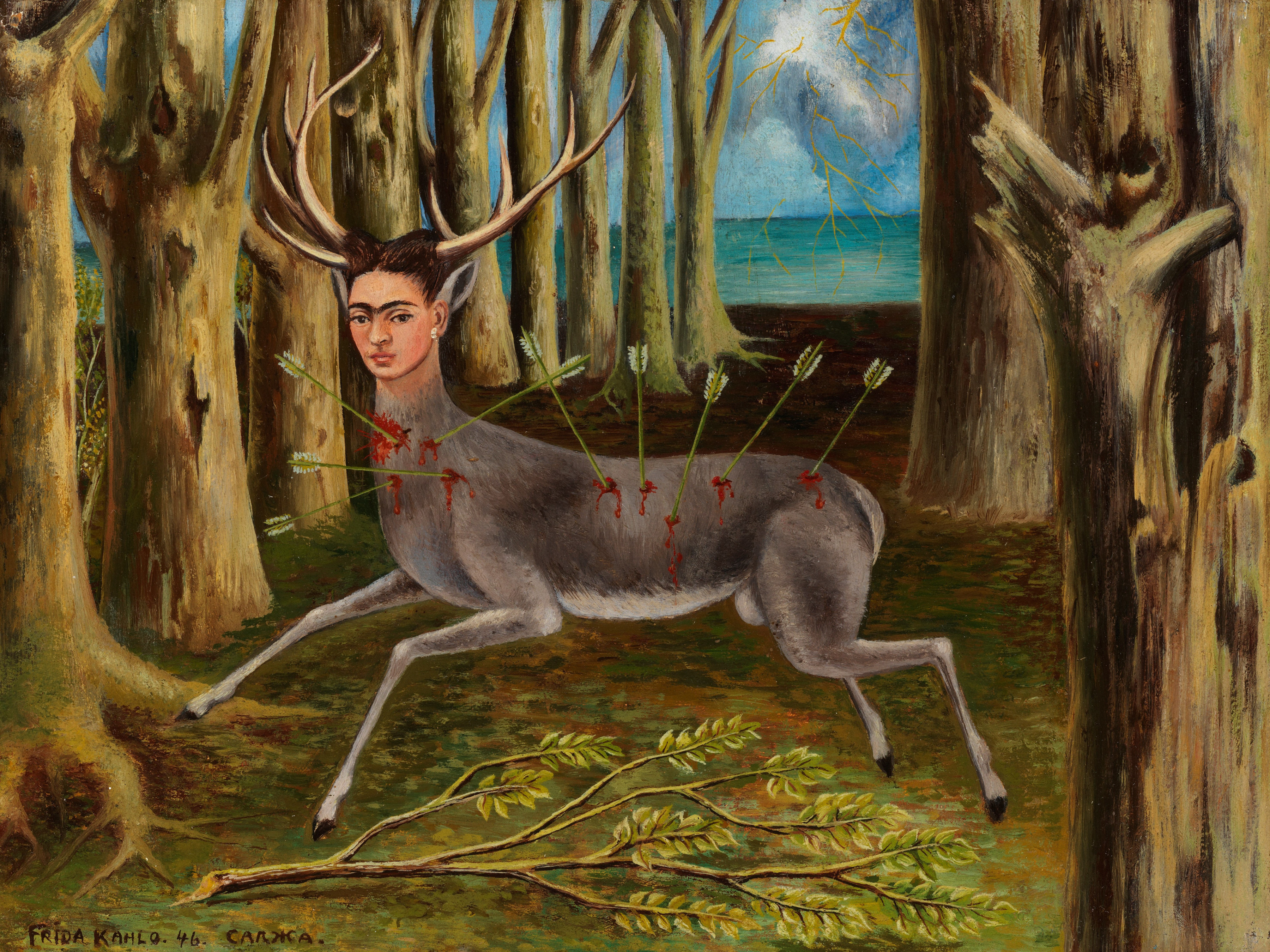 Frida Kahlo. La Venadita (The Little Deer). 1946. Oil on Masonite, 22.5 by 29.8 cm (8⅞ by 11&frac34; in.). Private Collection &copy; 2019 Banco de M&eacute;xico Diego Rivera Frida Kahlo Museums Trust, Mexico, D.F. / Artists Rights Society (ARS), New York
