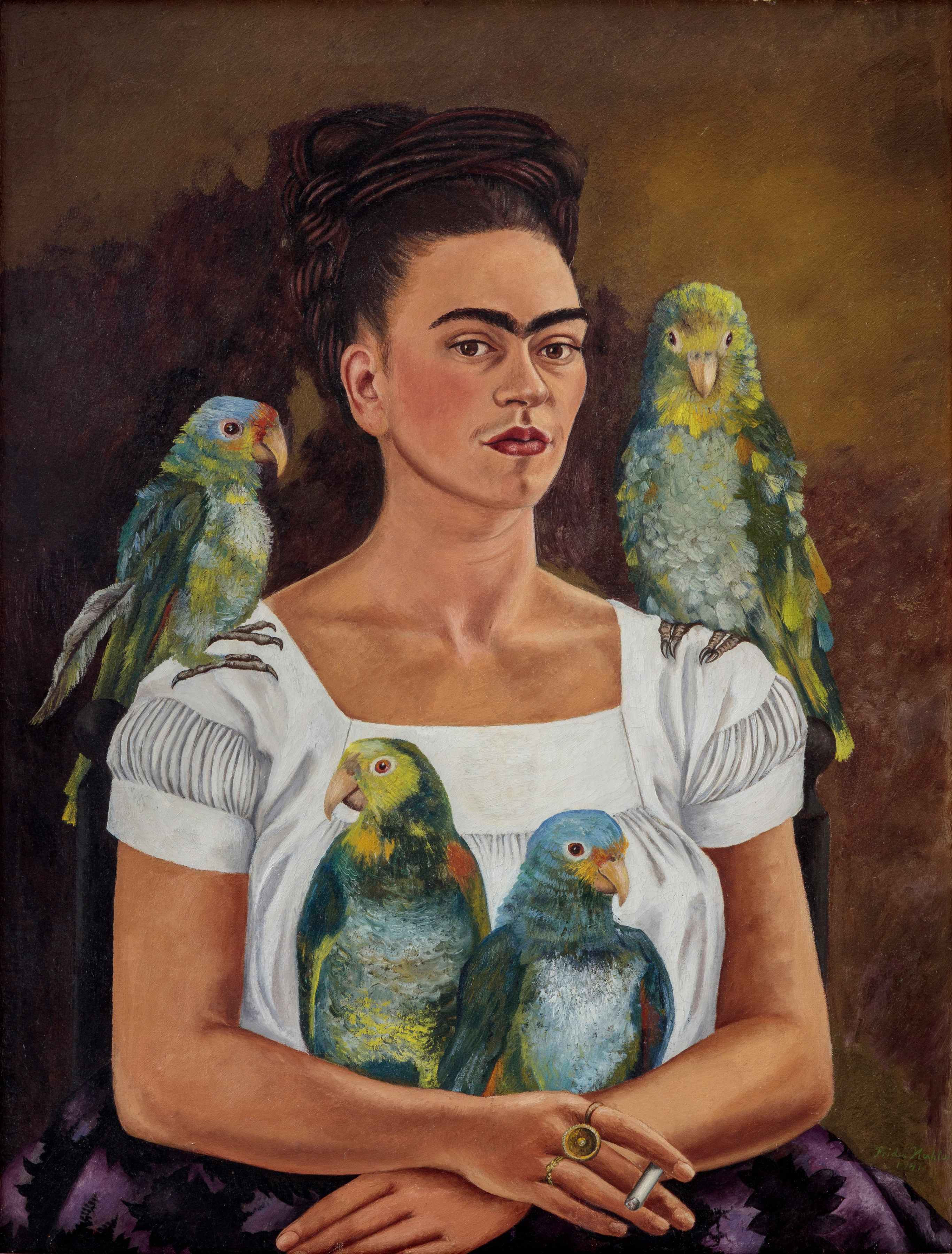 Frida Kahlo. Me and My Parrots. 1941. Oil on canvas, 82 by 62.8 cm (32&frac14; by 24&frac34; in.). Private Collection &copy; 2019 Banco de M&eacute;xico Diego Rivera Frida Kahlo Museums Trust, Mexico, D.F. / Artists Rights Society (ARS), New York