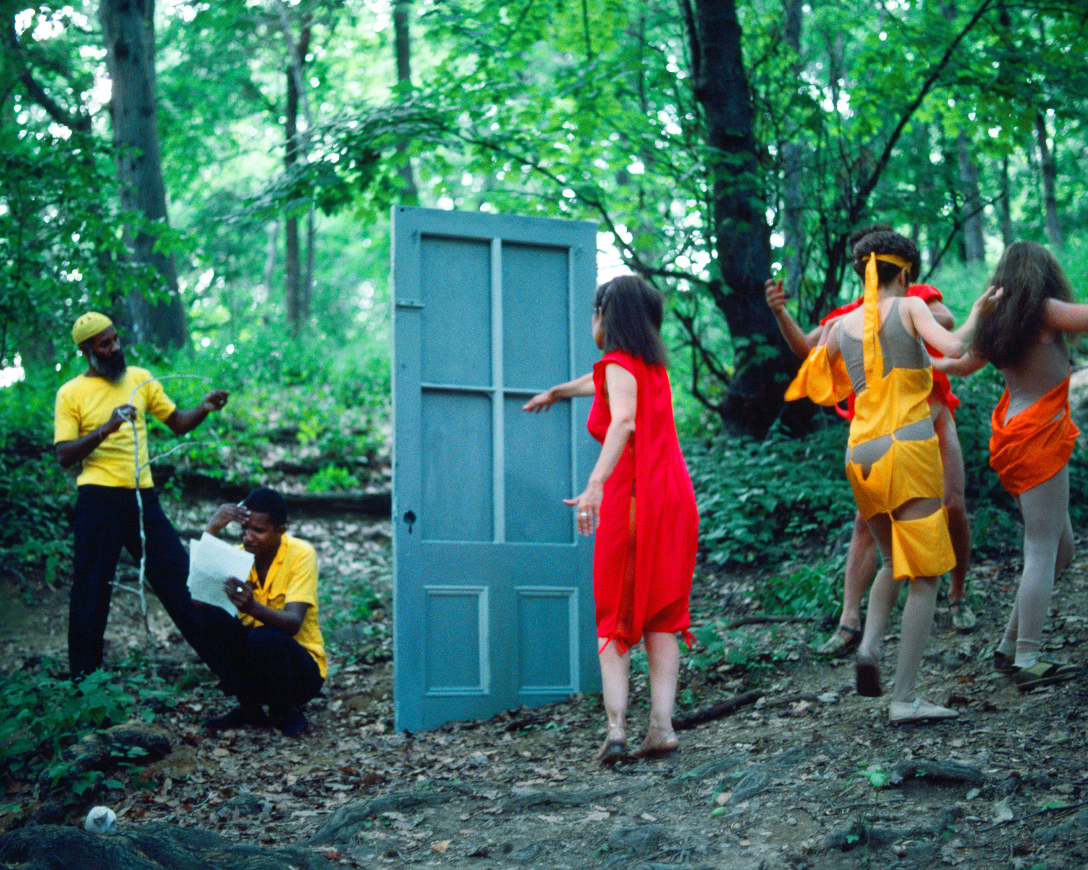 Rivers, First Draft: The Woman in Red goes to the Black Male Artists&rsquo; door and the Debauchees dance back up the hill, 1982/2015, Digital C-print from Kodachrome 35mm slides in 48 parts, 16h x 20w in (40.64h x 50.80w cm)