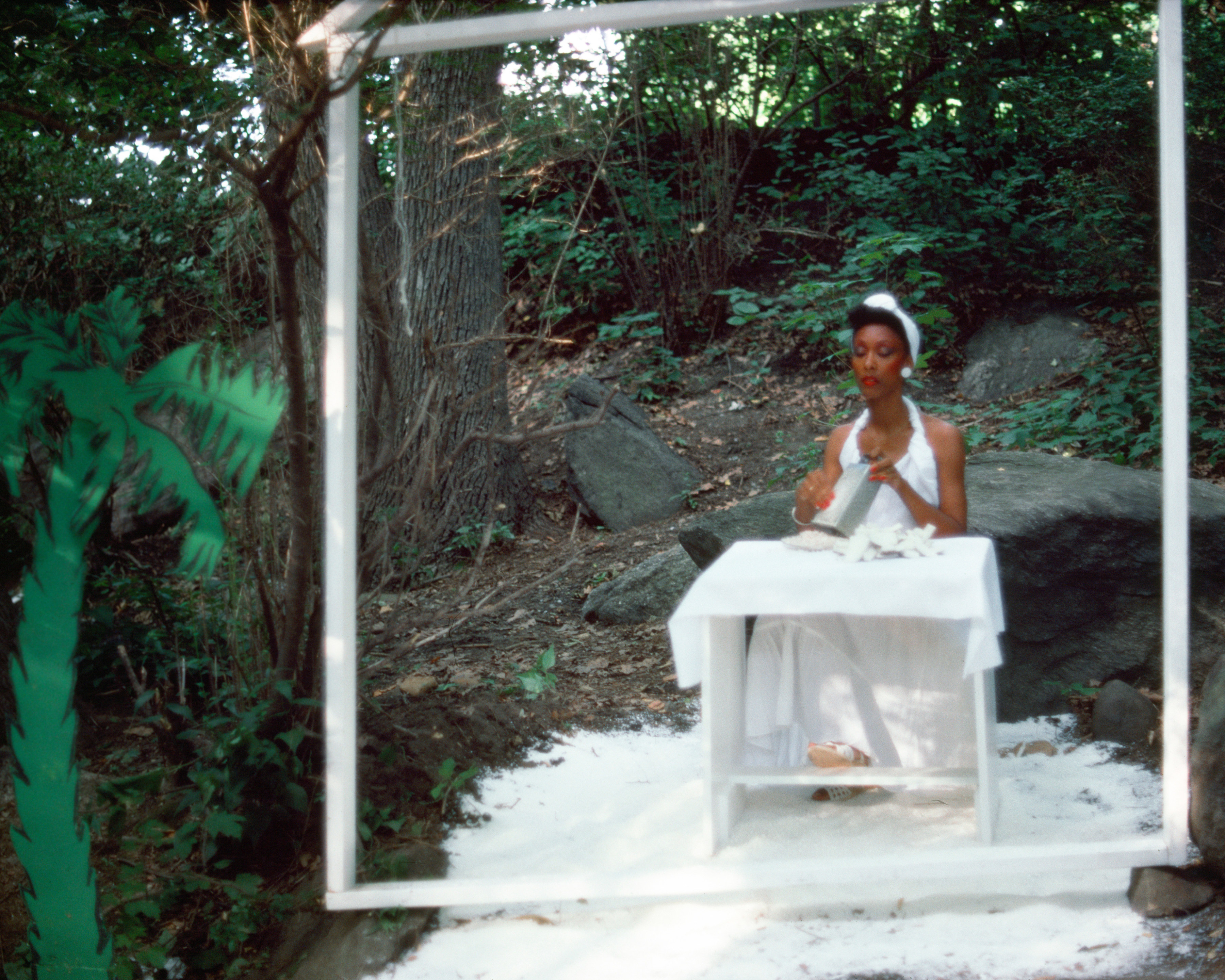 Rivers, First Draft: The Woman in White grates coconut in her kitchen, with the fir-palm tree outside, 1982/2015, Digital C-print from Kodachrome 35mm slides in 48 parts, 16h x 20w in (40.64h x 50.80w cm)