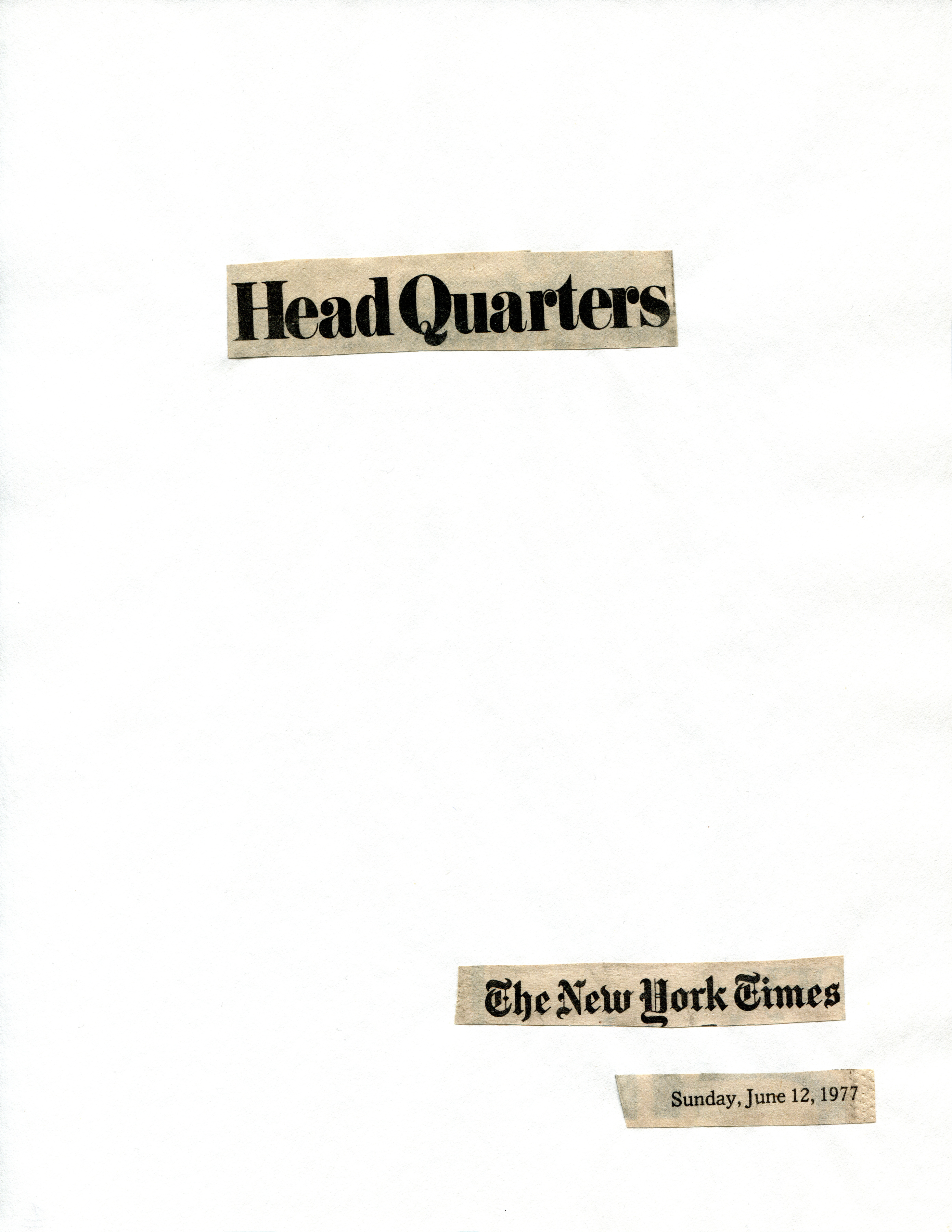 Cutting Out The New York Times, Head Quarters,&nbsp;1977, Part 1 of 11, Toner ink on adhesive paper,&nbsp;
