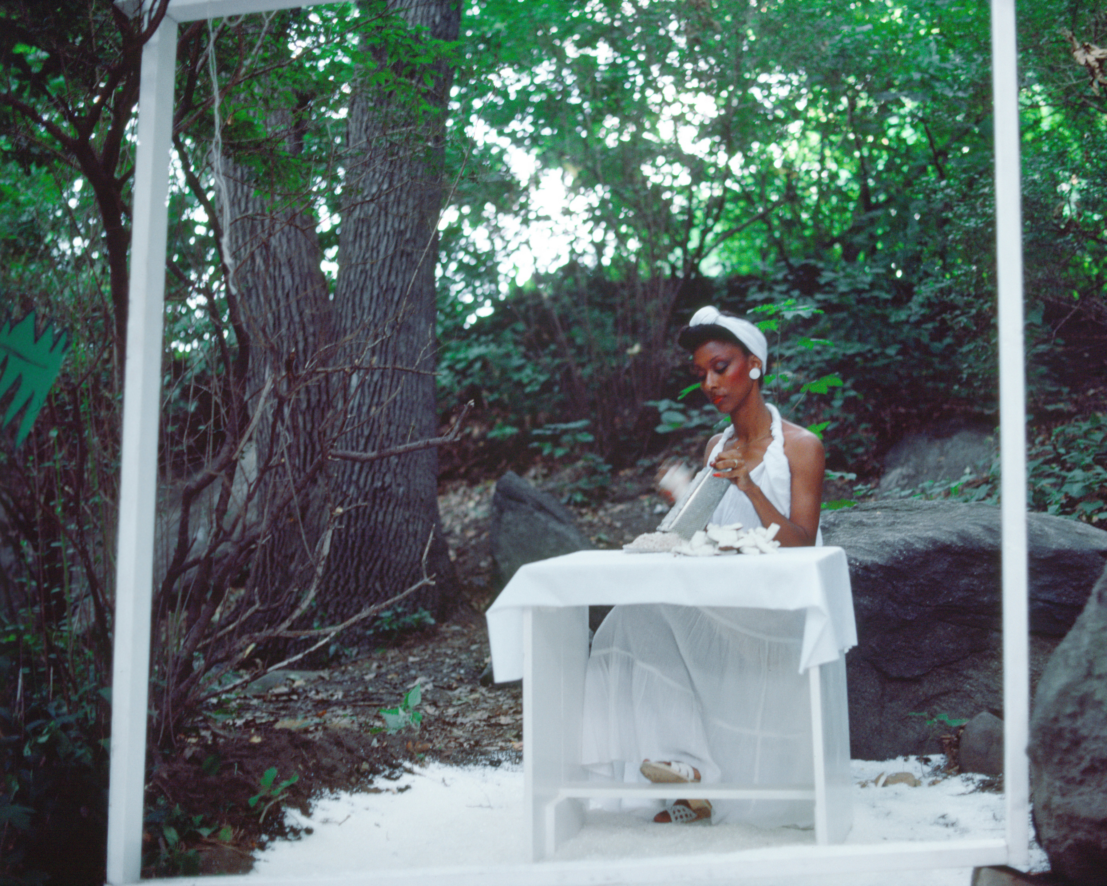 Rivers, First Draft: The Woman in White continues grating coconut, 1982/2015, Digital C-print from Kodachrome 35mm slides in 48 parts, 16h x 20w in (40.64h x 50.80w cm)