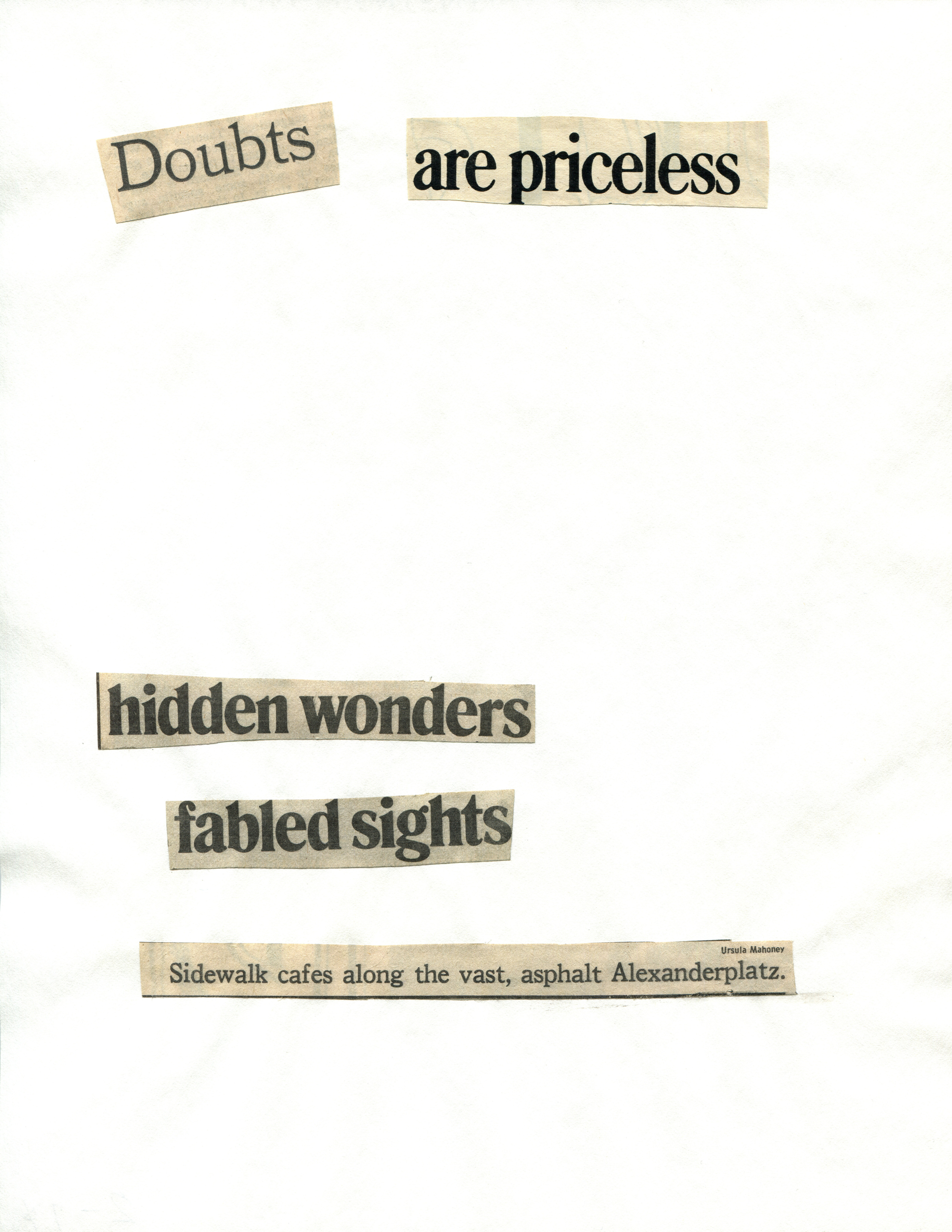 Cutting Out The New York Times, A Conversation with Fata Morgana,&nbsp;1977, Part 7 of 8, Toner ink on adhesive paper,&nbsp;11.02h x 7.87w in (27.99h x 19.99w cm)