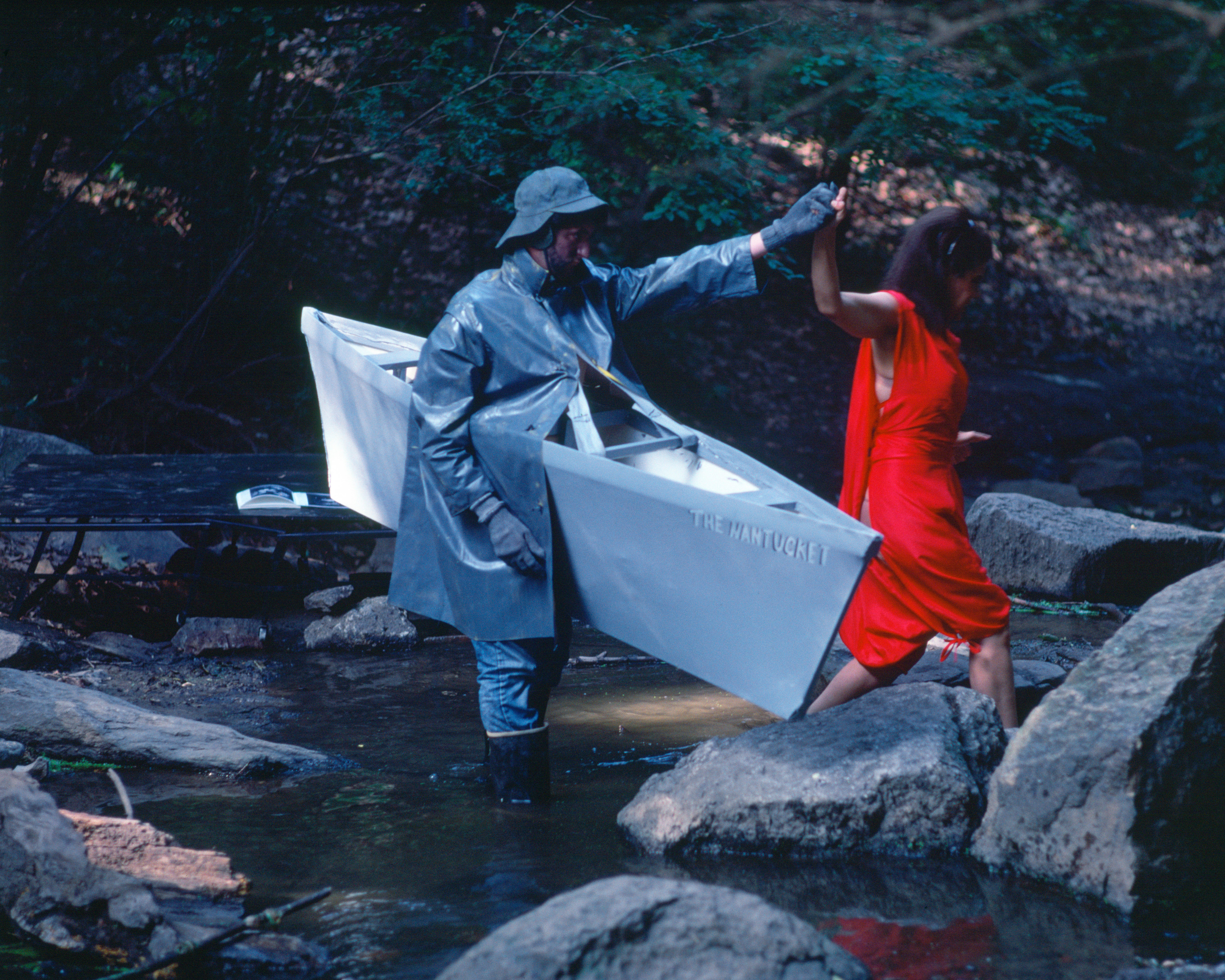 Rivers, First Draft: The Nantucket Memorial guides the Woman in Red to the other side of the stream, 1982/2015, Digital C-print from Kodachrome 35mm slides in 48 parts, 16h x 20w in (40.64h x 50.80w cm)