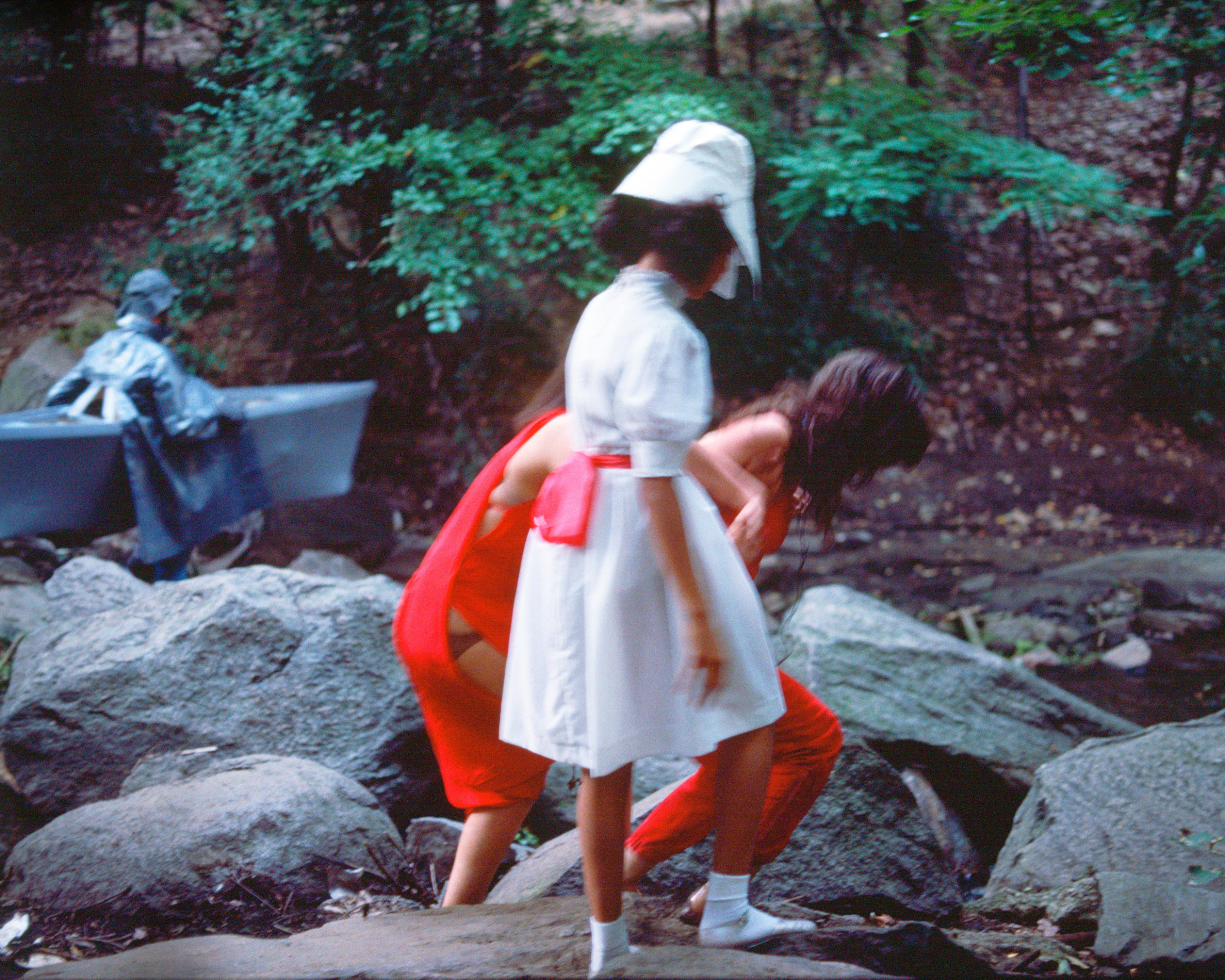 Rivers, First Draft: The Woman, the Teenager in Magenta, and the Little Girl in Pink Sash steady each other&rsquo;s footing, 1982/2015, Digital C-print from Kodachrome 35mm slides in 48 parts, 16h x 20w in (40.64h x 50.80w cm)