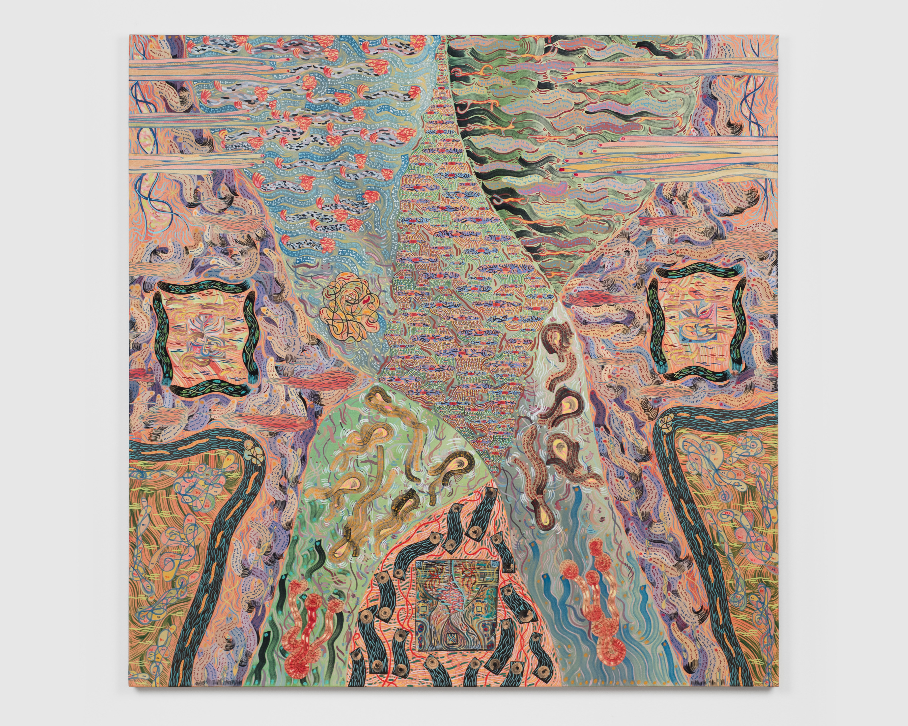 Molly Metz, Mothership, 2023, acrylic, Flashe, nail polish, crayon, marker, oil pastel, collaged newsprint on canvas, 55 1&frasl;8 &times; 55 in, photography by Claire Iltis, courtesy the artist and Fleisher/Ollman, 