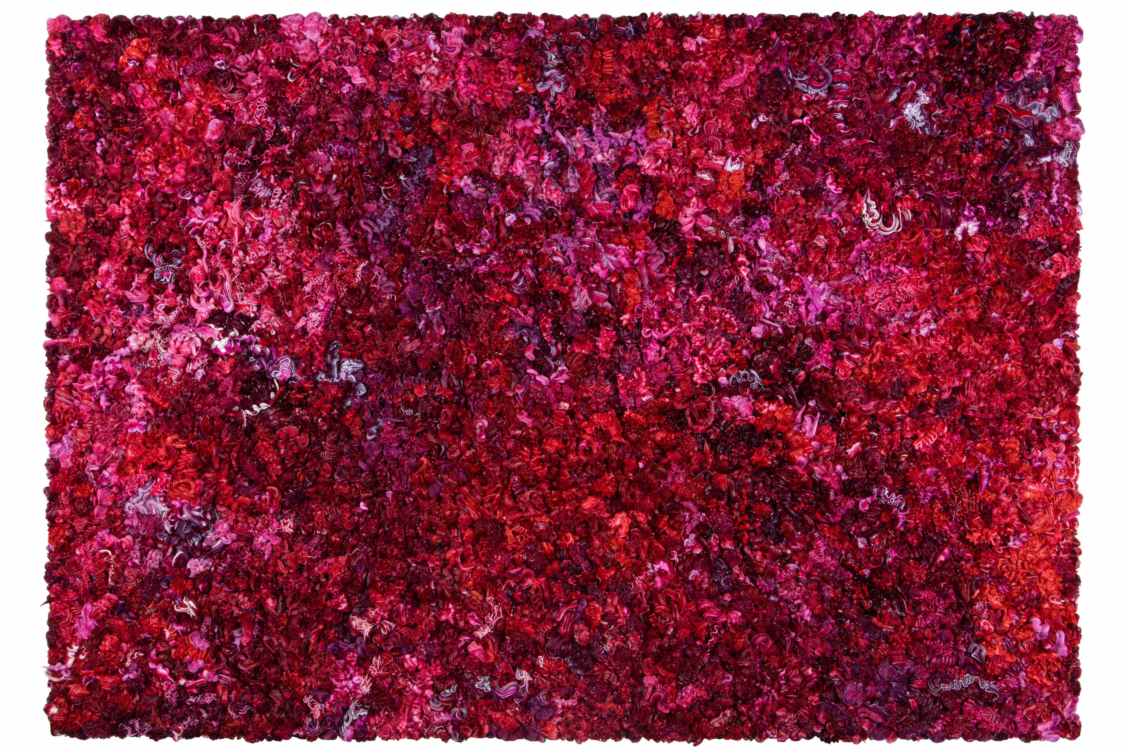 A series of dark red and purple whipped-cream-like dollops made of oil on a rectangular canvas