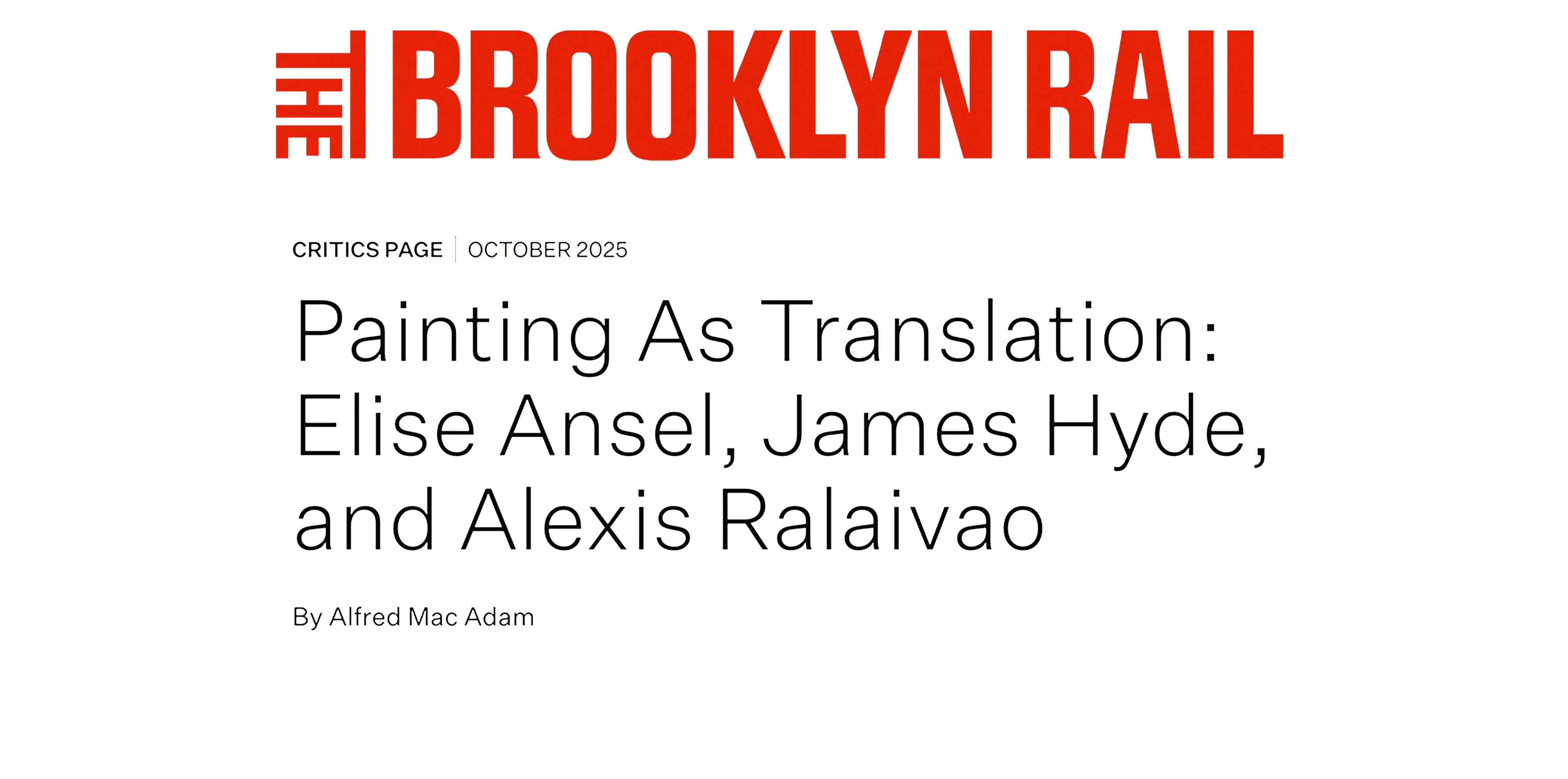 ELISE ANSEL | THE BROOKLYN RAIL - Critics Page: Painting As Translation: Elise Ansel, James Hyde, and Alexis Ralaivao - News - MILES McENERY GALLERY