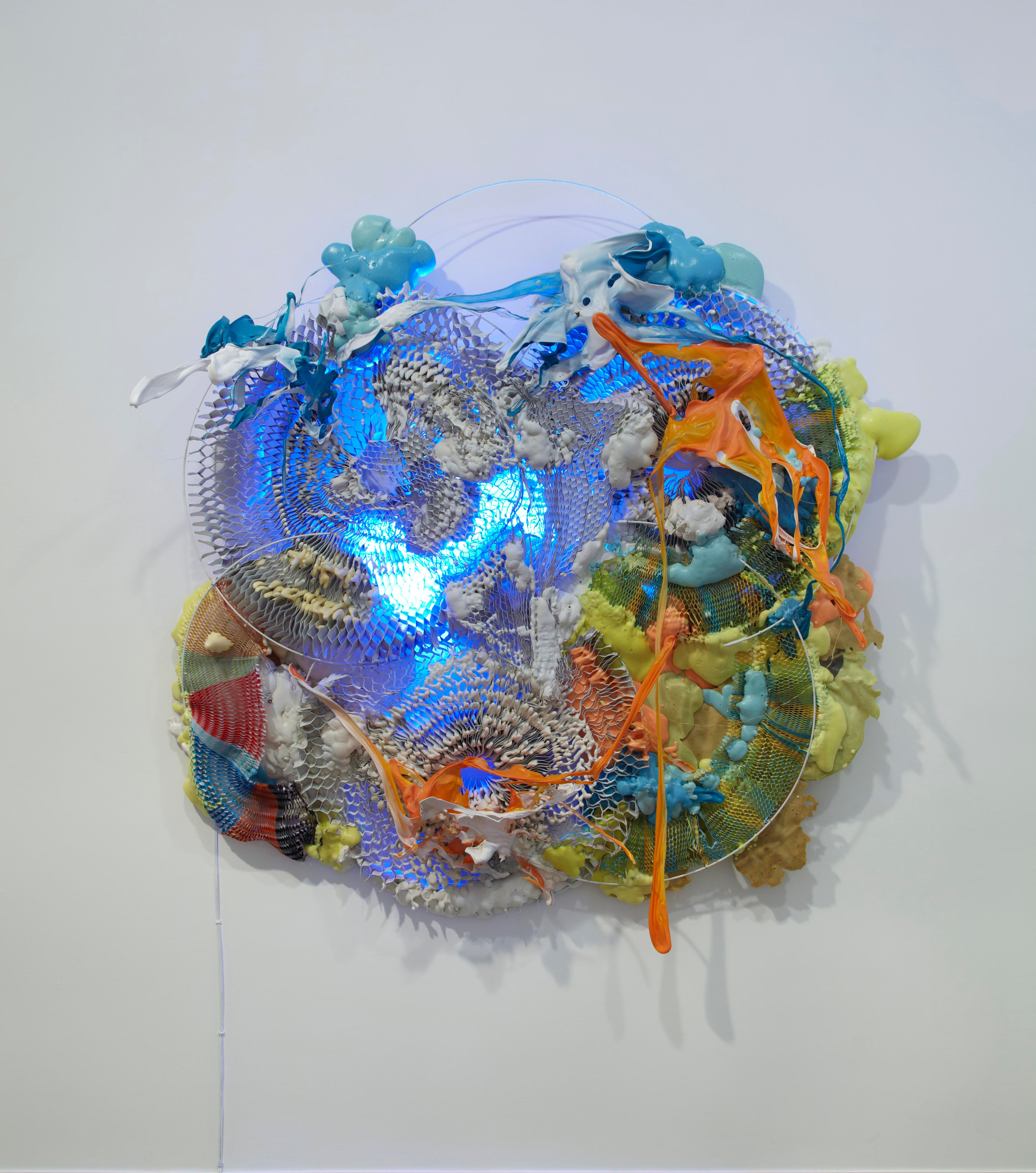 Humming in 5 Parts,&nbsp;2012, Honeycomb cardboard, melted plastics, expanded foam, mild steel rod, fluorescent light, 61 x 61 x 12 inches, MMG#20617