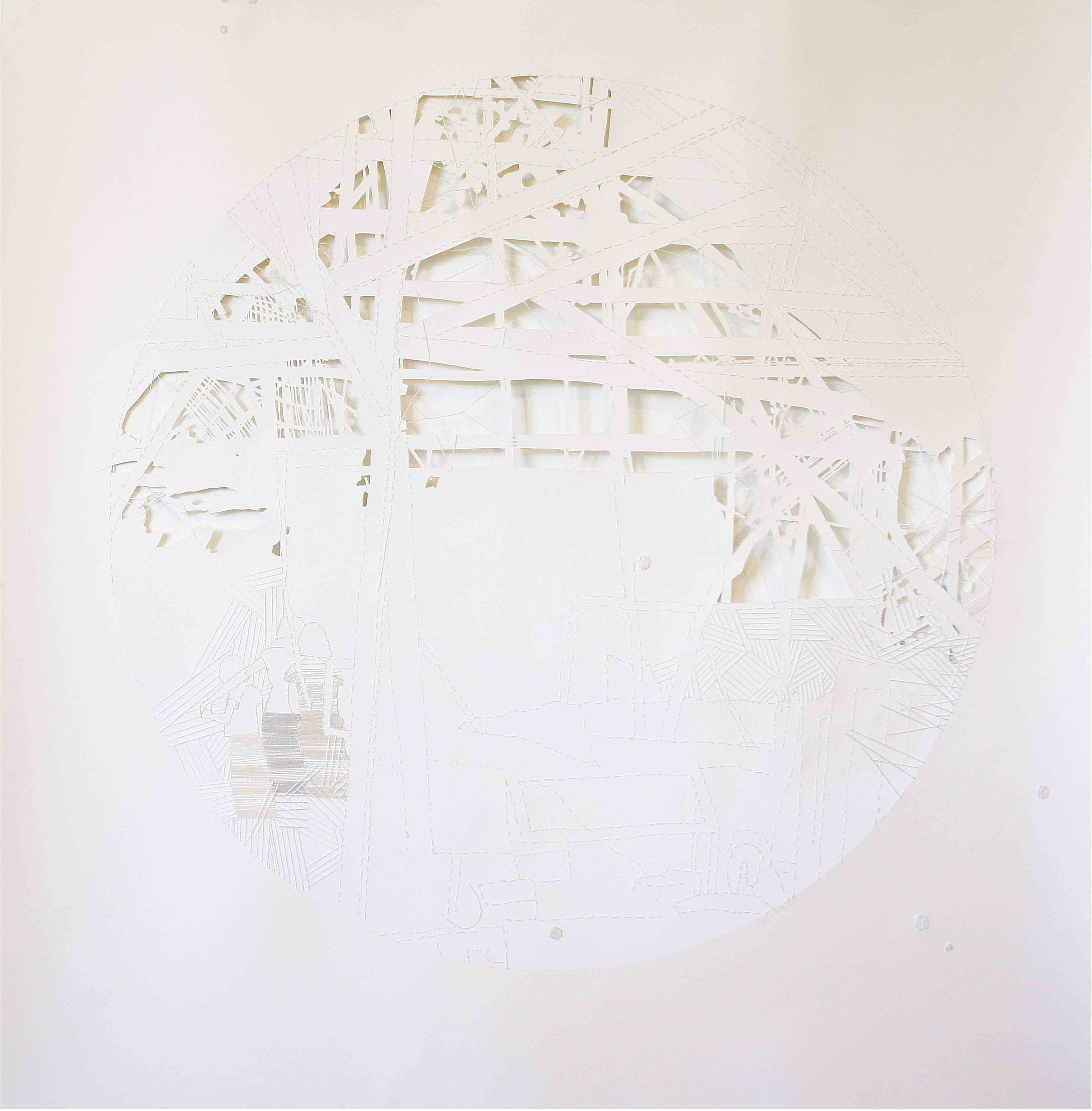 Amanda Humphries, Shell Painting (Shelter)  Paper cut out, gouache and thread on paper  108 cm x 104.5 cm  2018