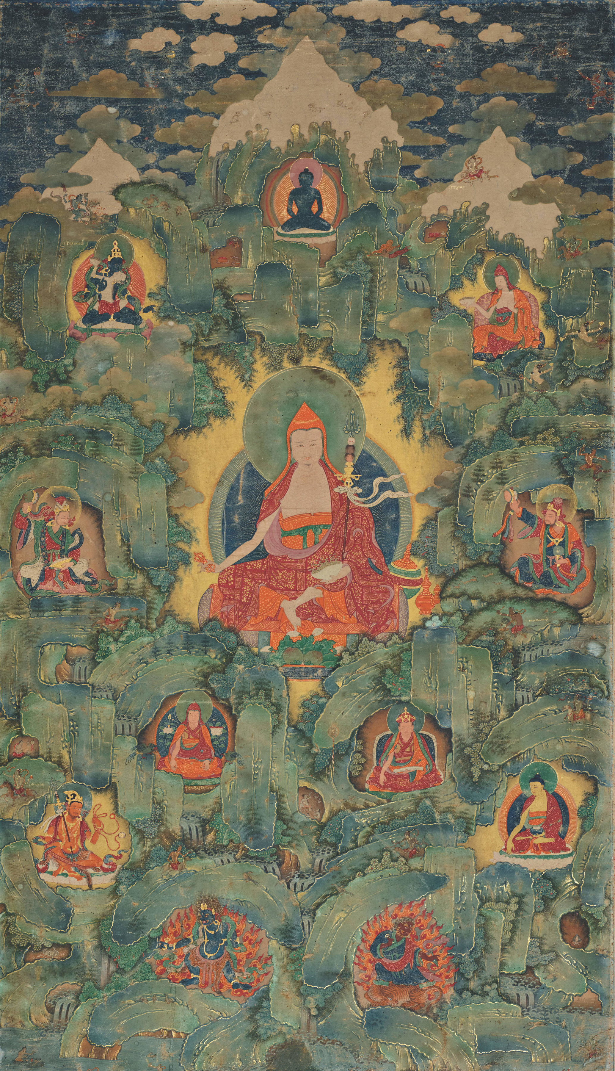 The revered Indian tantric master Padmasambhava appears at the center of the painting seated in a golden grotto 