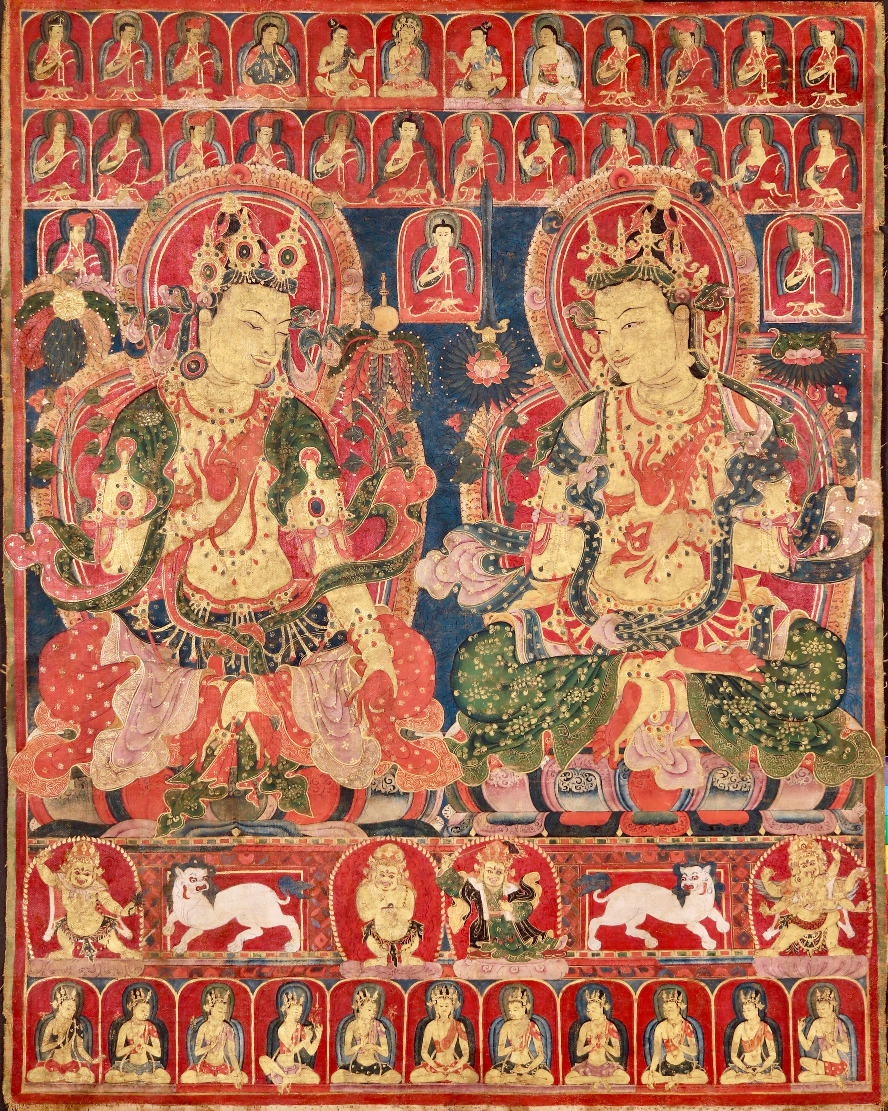 This fine and rare fourteenth or early fifteenth-century thangka upholds the Tibetan tradition established by Atisha of depicting Maitreya and Manjushri in discourse.