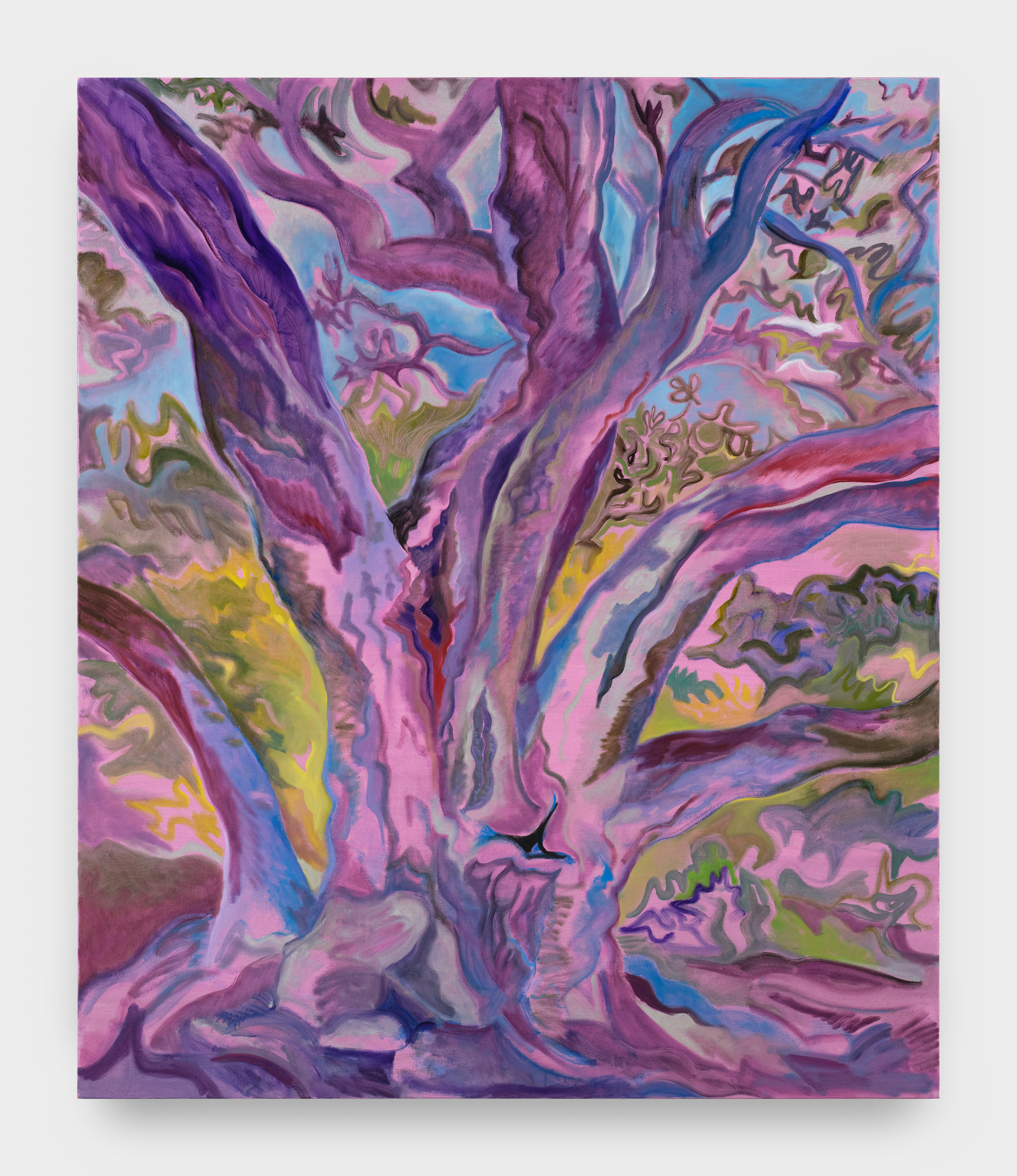 A painting by Mira Dancy of a mature Oak tree rendered in purple hues against a blue sky.