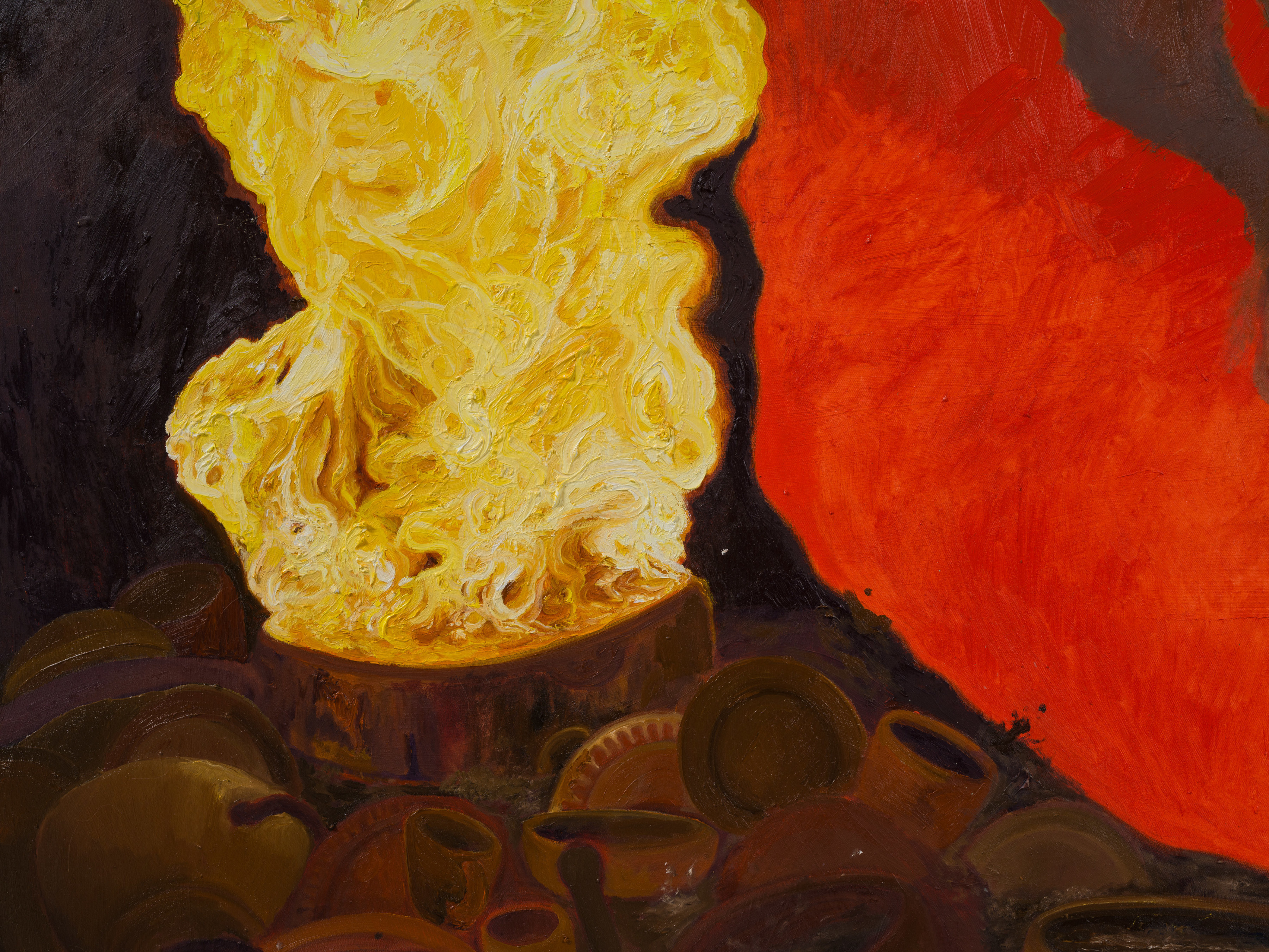 Detail of Veronica Fernandez's "The Last Ten Dollars" depicting a pile of pots and plates with a burst of flame emerging from a large cauldron.