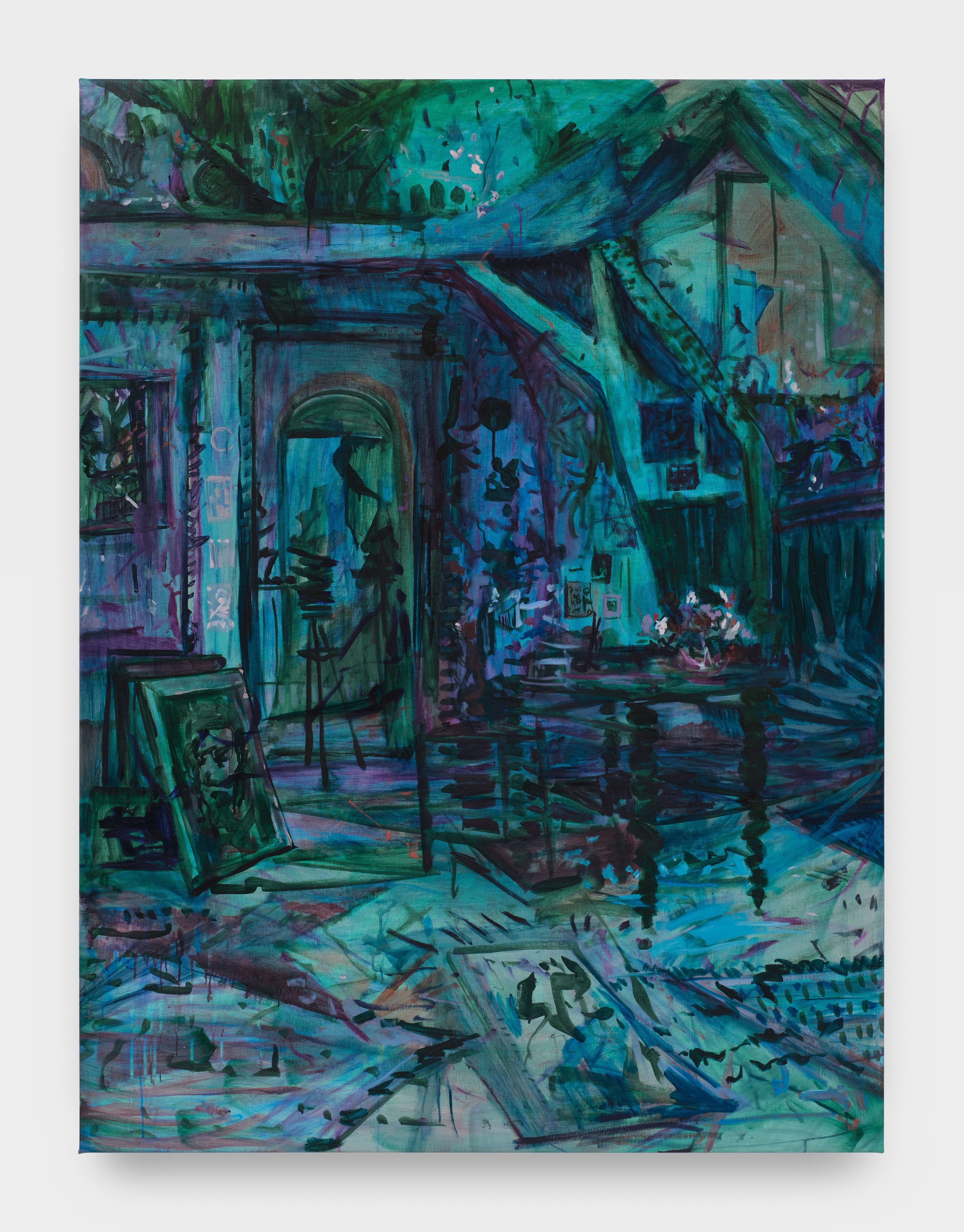 A painting by Elizabeth Schwaiger in blue, green, purple and teal hues of a room with canvas, tables and flowers.