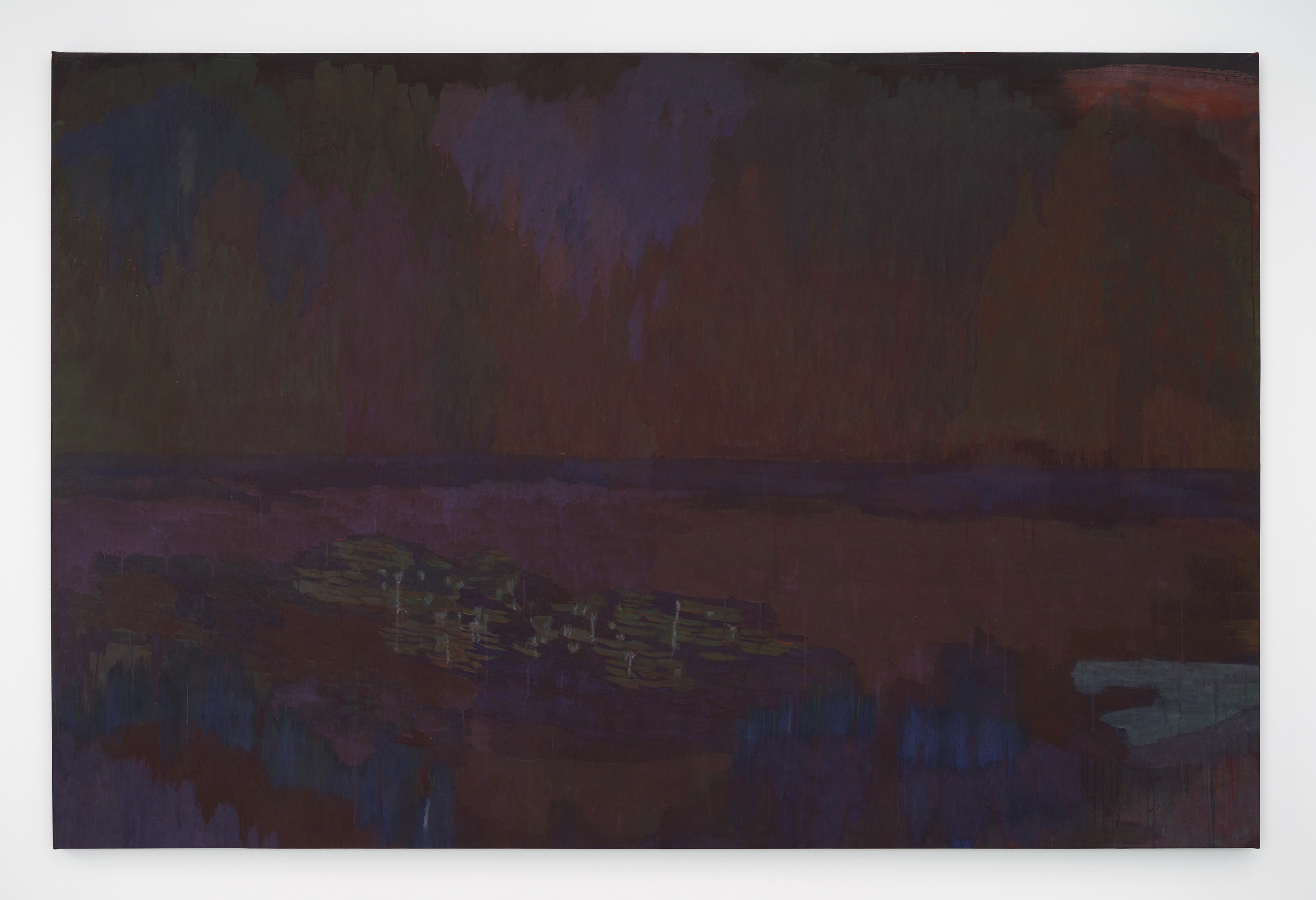 A large painting in deep blues and maroons with green lily pads afloat in the watery plane. 