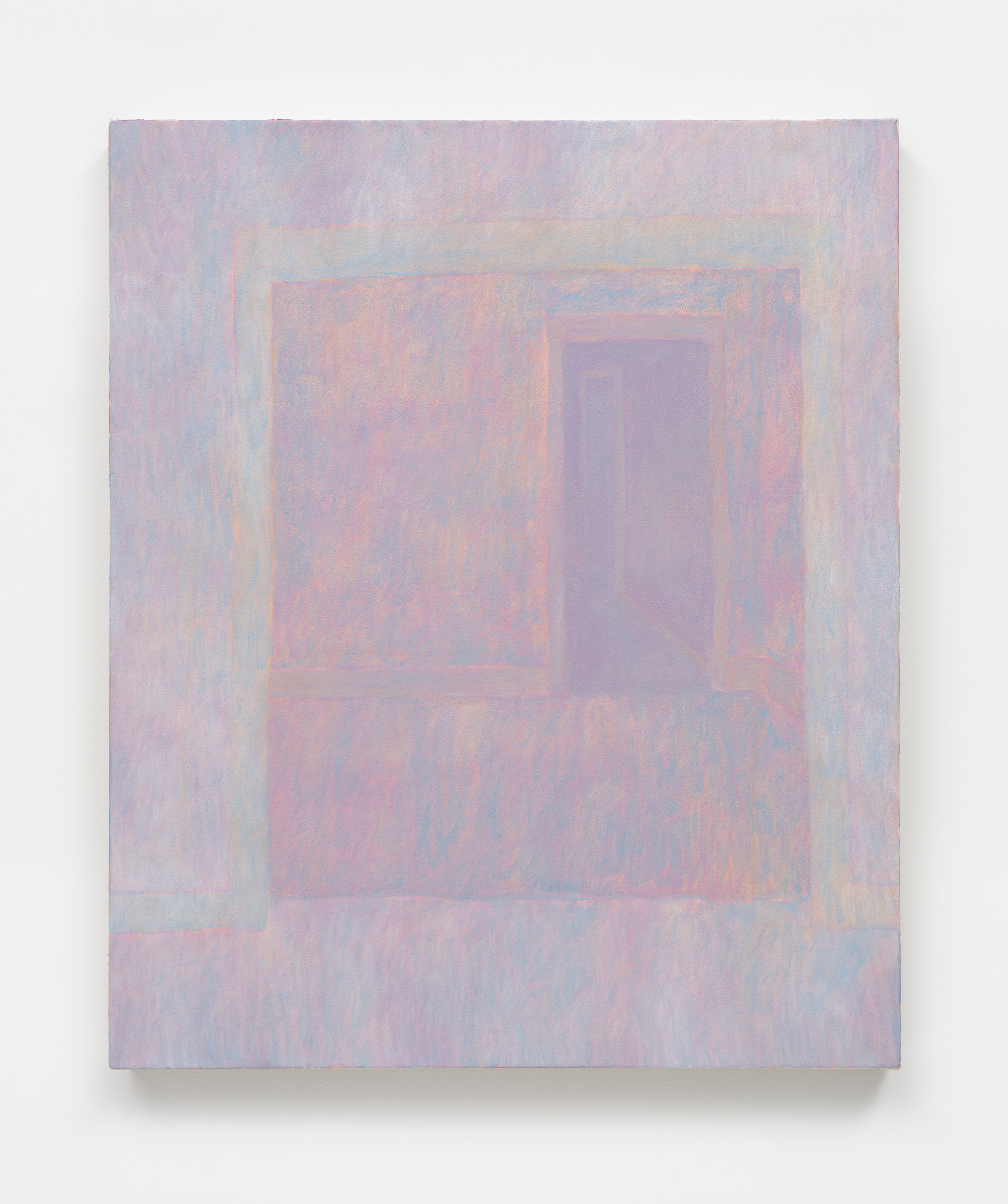 A painting rendered in pale pinks, blues and purples depicting a series of doorways leading into one another. 