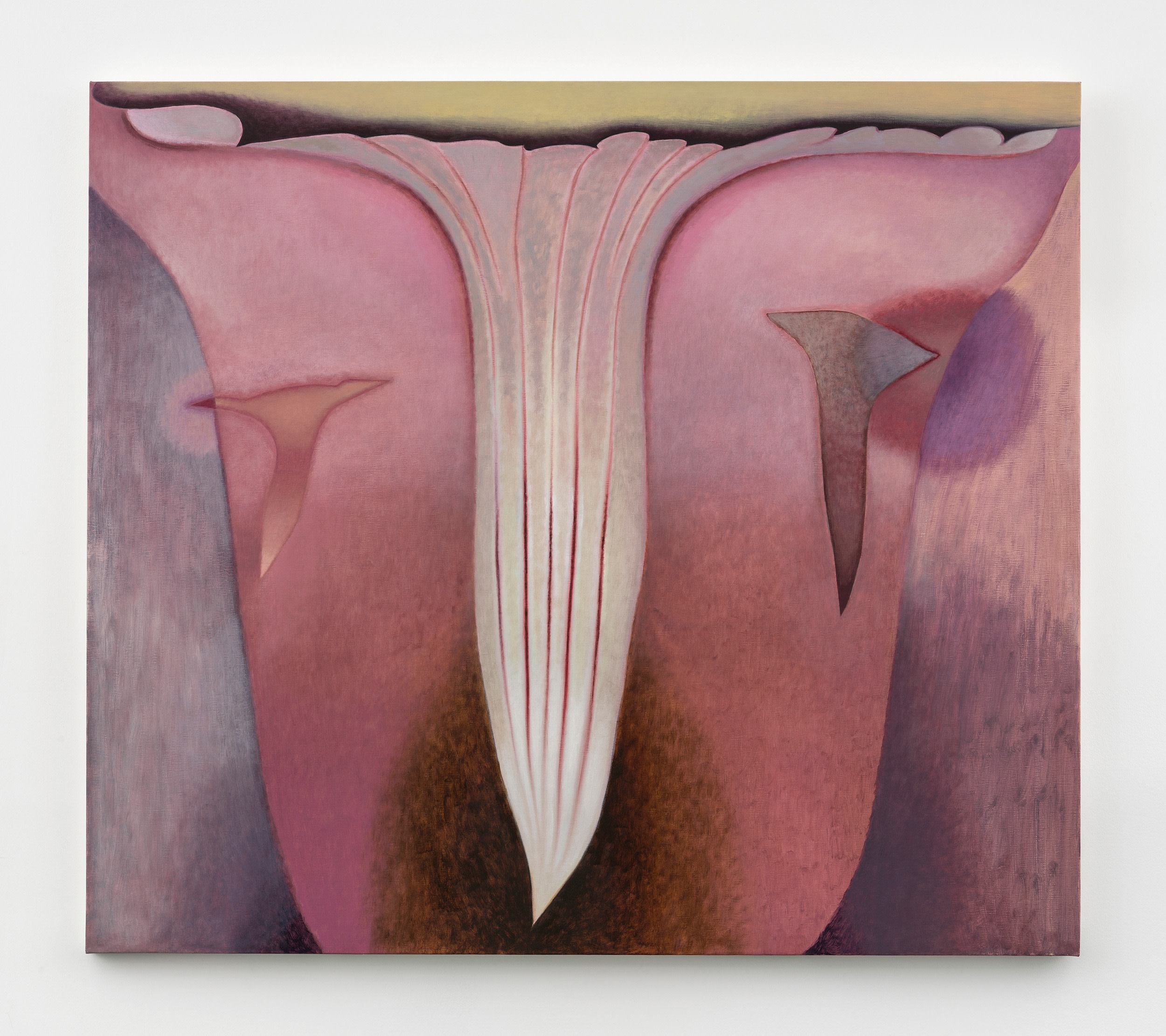 A painting with overlapping forms of a similar fallopian/floral shape rendered in pinks and purples. 