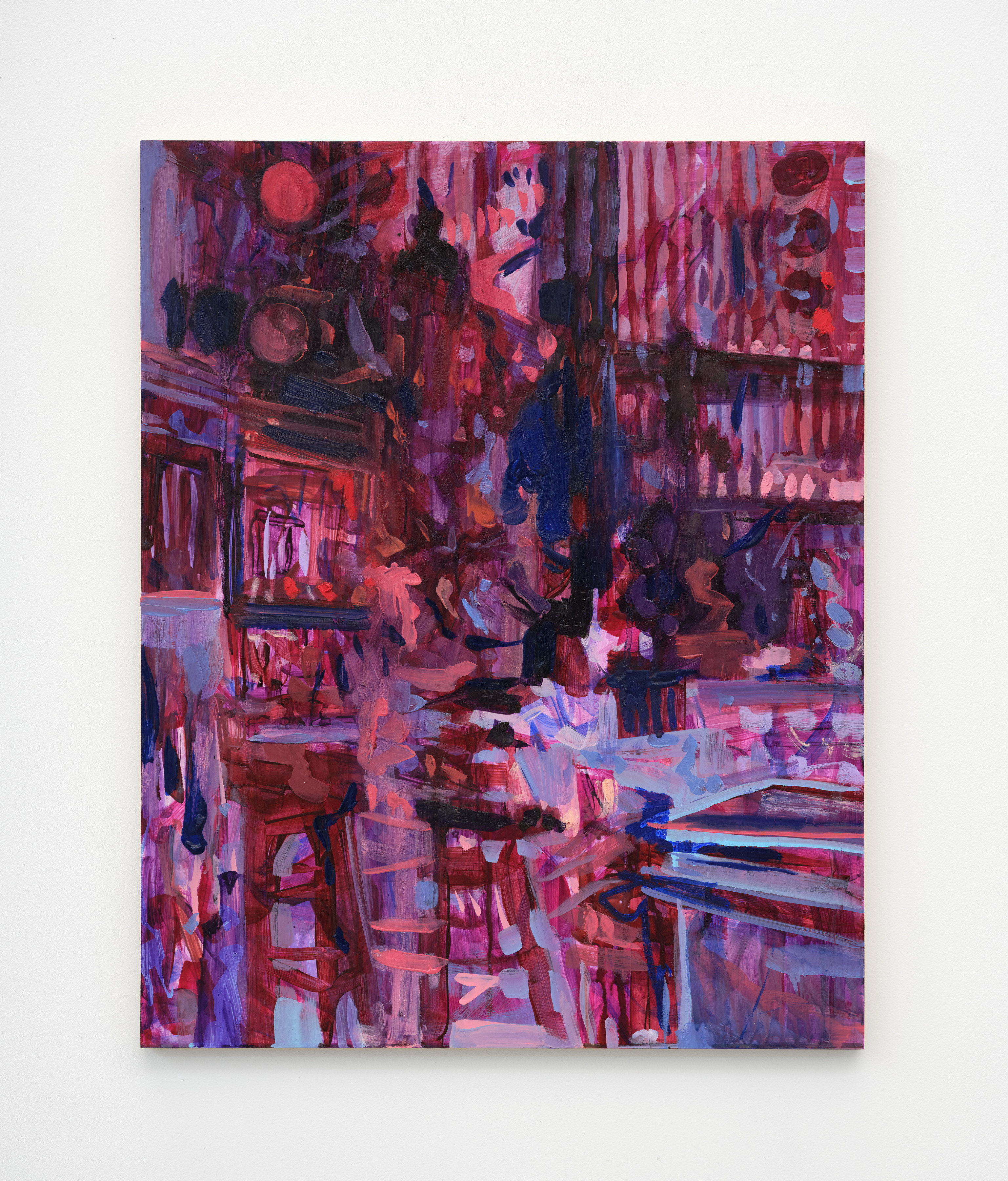 A painting by Elizabeth Schwaiger in blue and purples hues of a room with sprawling flowers, a table and paintings on the walls.