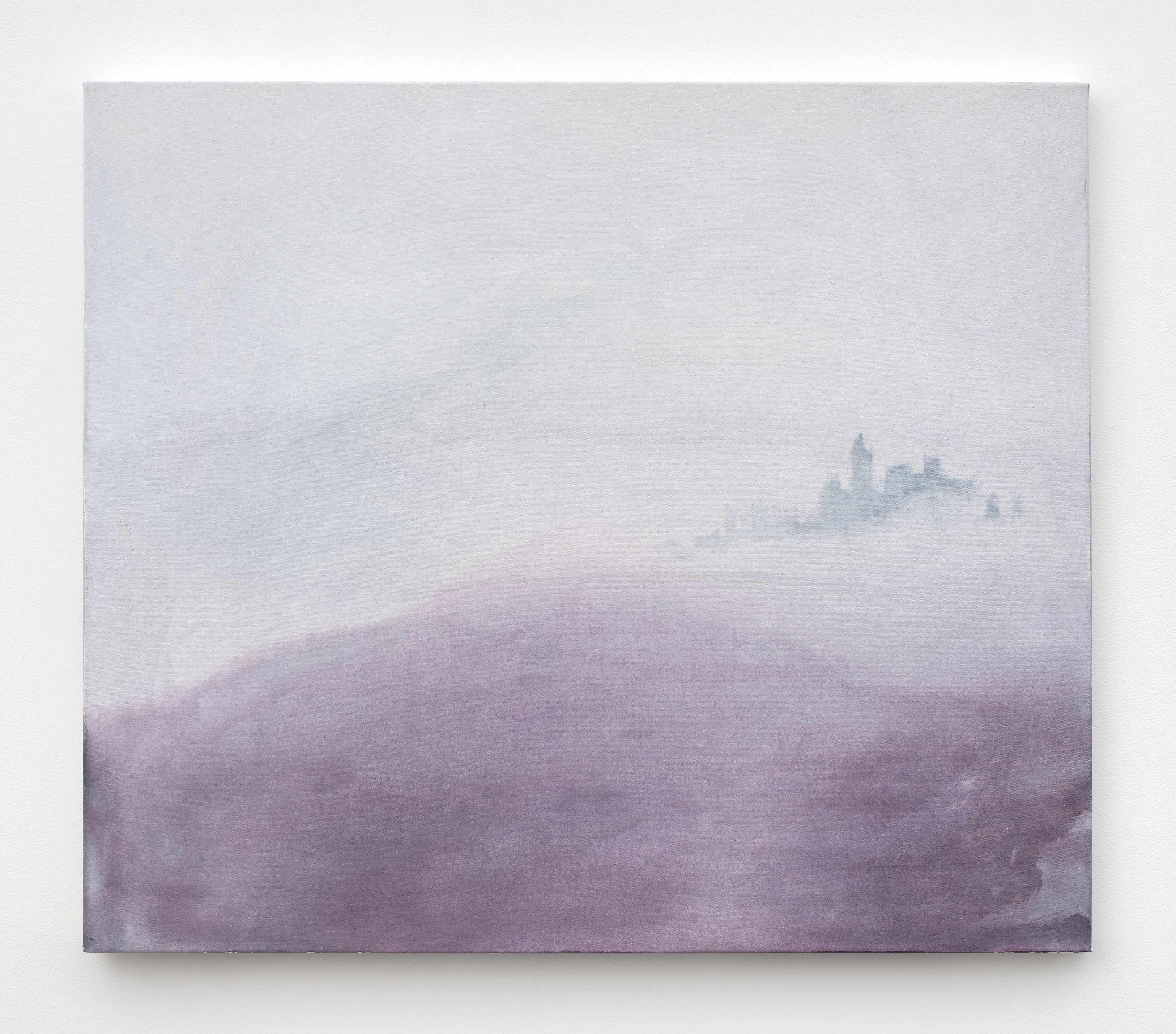 Cloudy washes of grey and pale purples comprise a painting that reveals a distant city scape seemingly surrounded by cloud. 