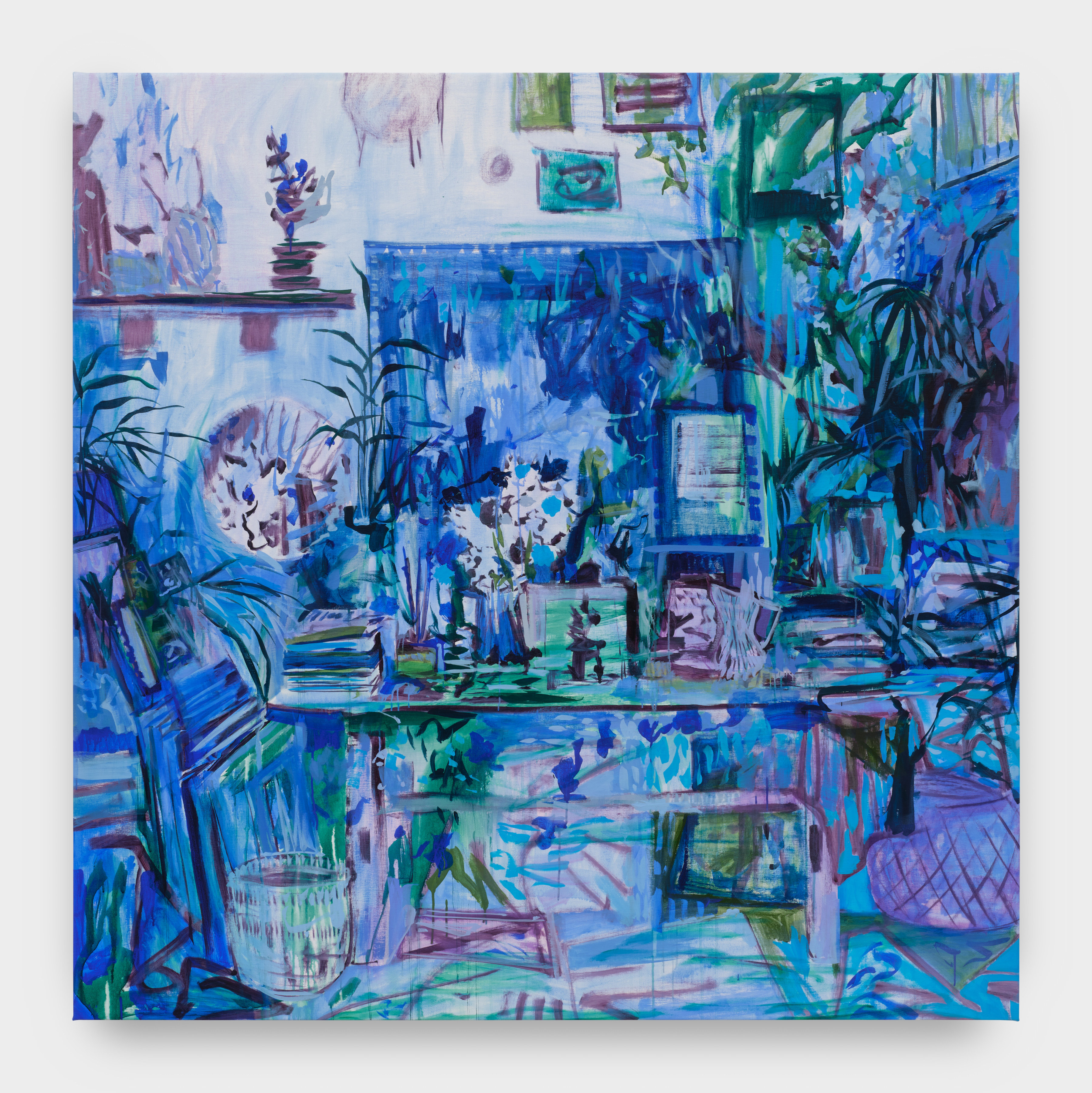 A painting by Elizabeth Schwaiger in blue and purples hues of a room with sprawling flowers, a table and paintings on the walls.