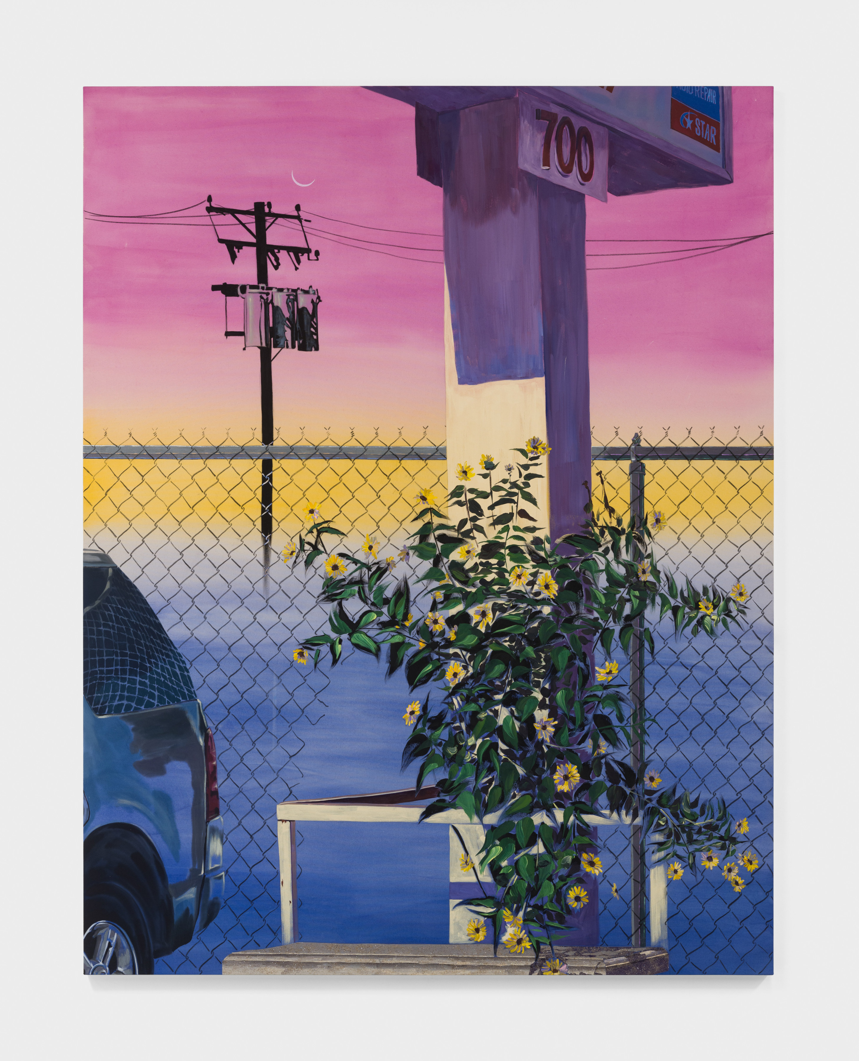 A painting by Tidawhitney Lek depicting a parking lot with a bush of yellow daisies sprouting out from beside a sign post and a parked car against a background of a ruptured wire fence and a sunset in gradient blues, yellows and pinks.