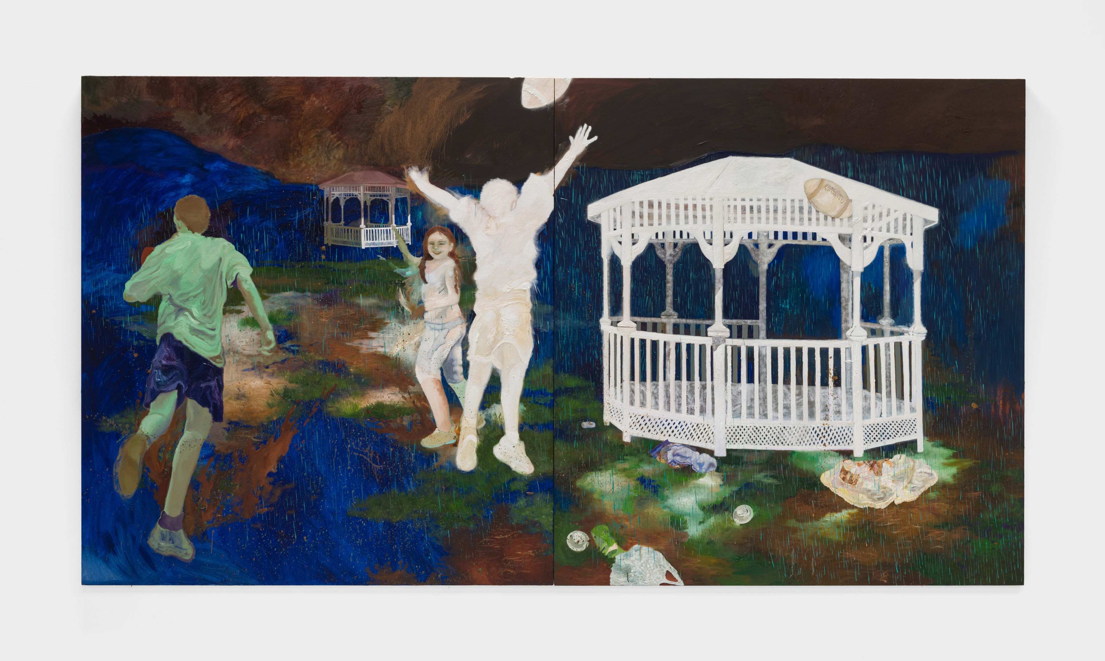 A large two panel painting of three children playing football in the rain between two white gazebos with garbage scattered on the ground.