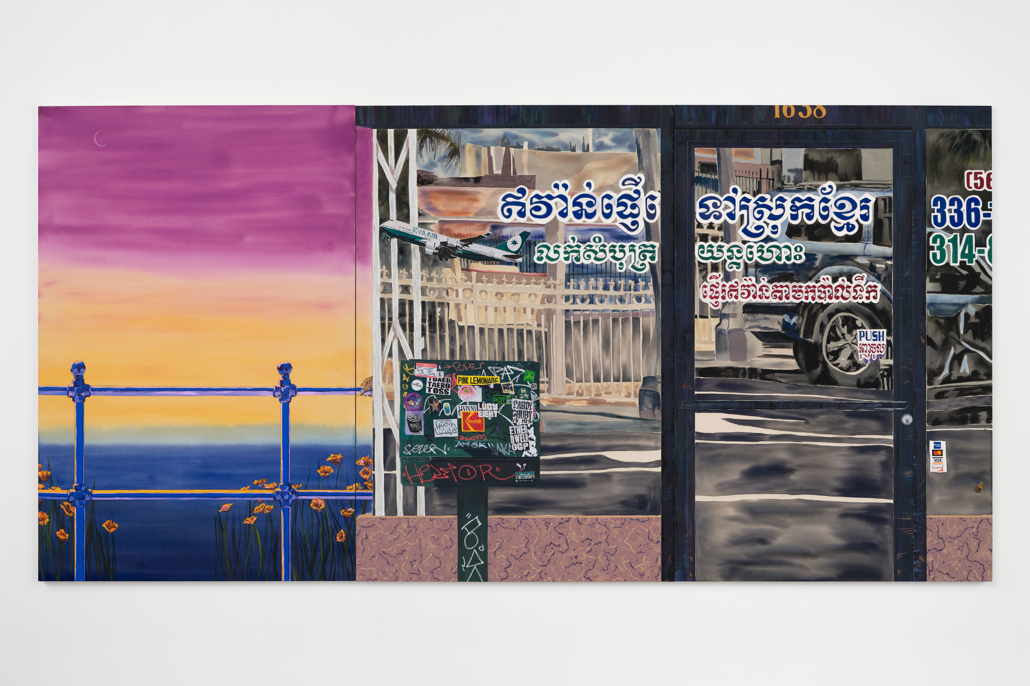 A three panel painting by Tidawhitney Lek depicting the entrance to a business with Thai script across the glass beside a metal railing in front of a sunset seascape with yellow flowers blooming.
