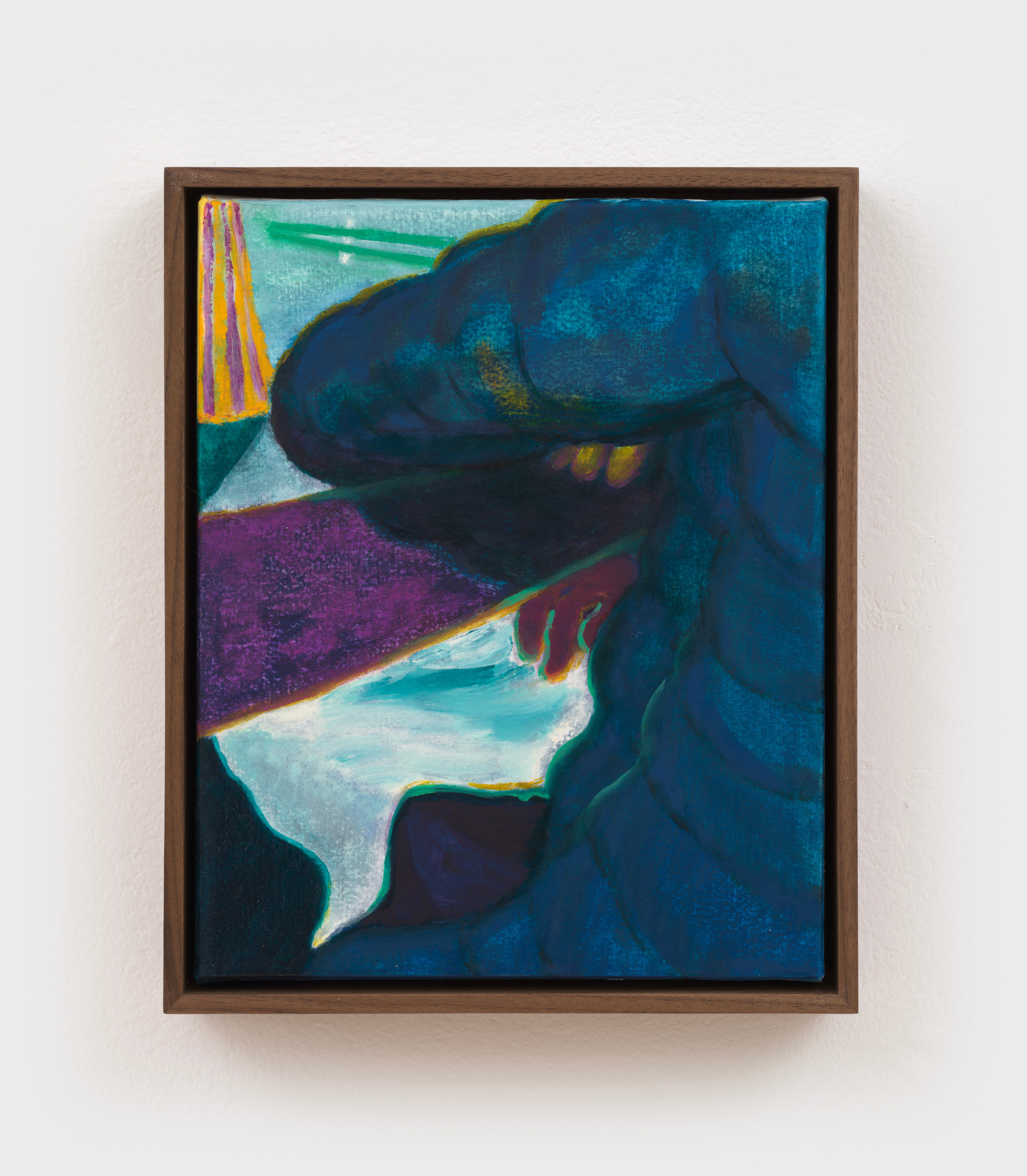 A small painting of a cropped figure in a blue puffy coat with their arm wrapped around a purple band of color. 