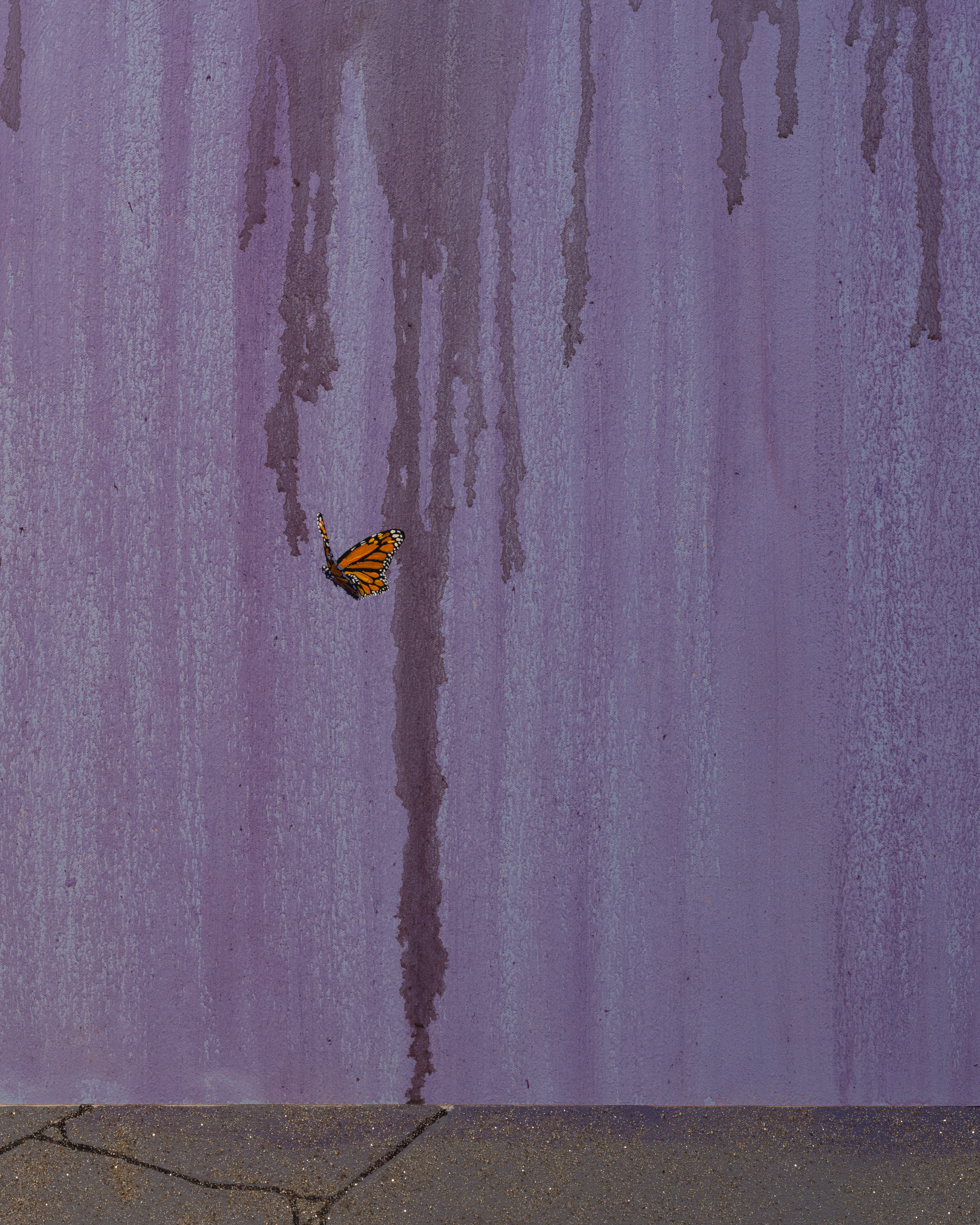 Detail of Tidawhitney Lek's "Richie's Liquor" depicting a monarch butterfly in flight in front of a stained wall.