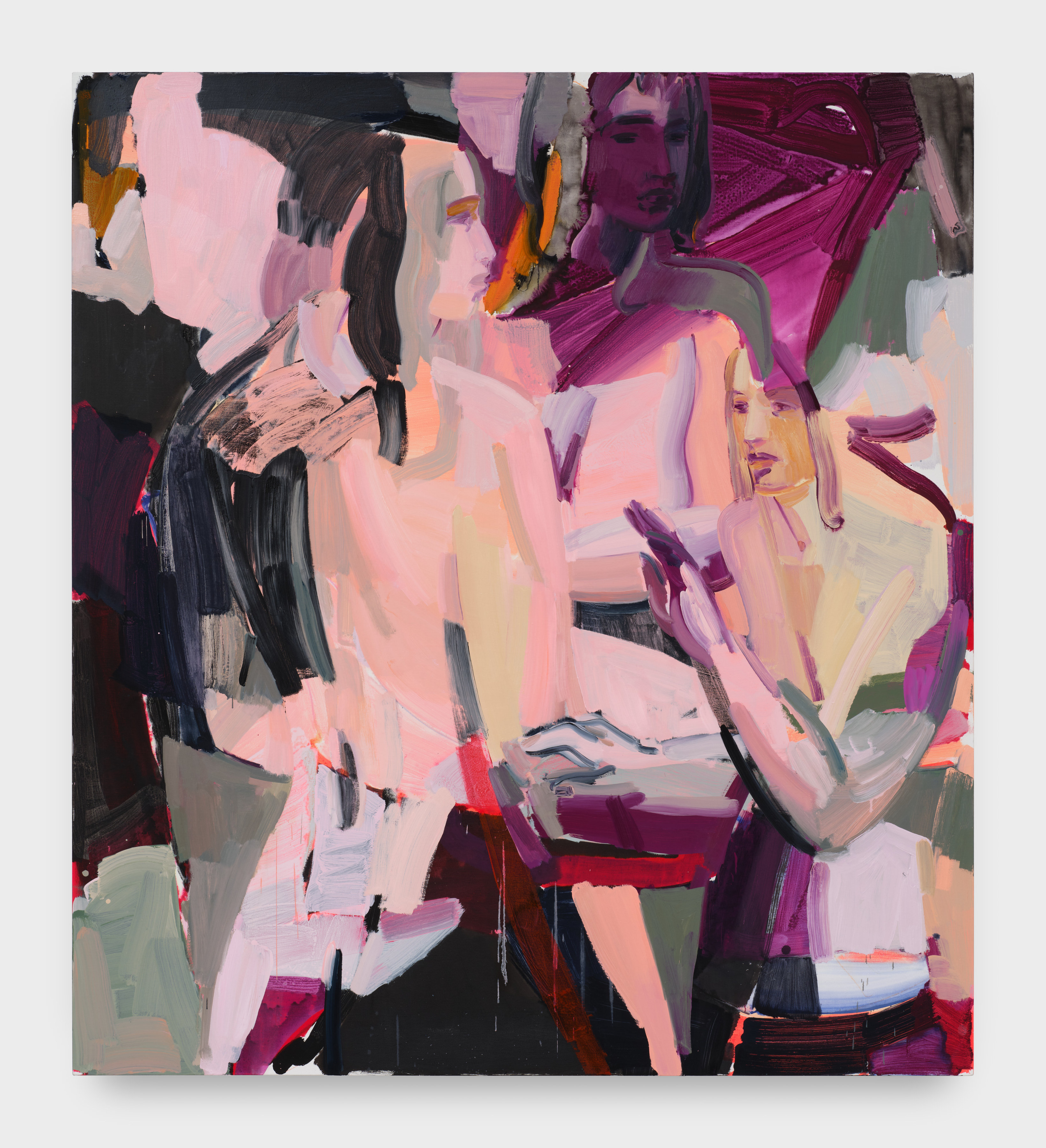 A painting by Sarah Awad of three abstracted female forms in pink, purple and black swatches of pigment.