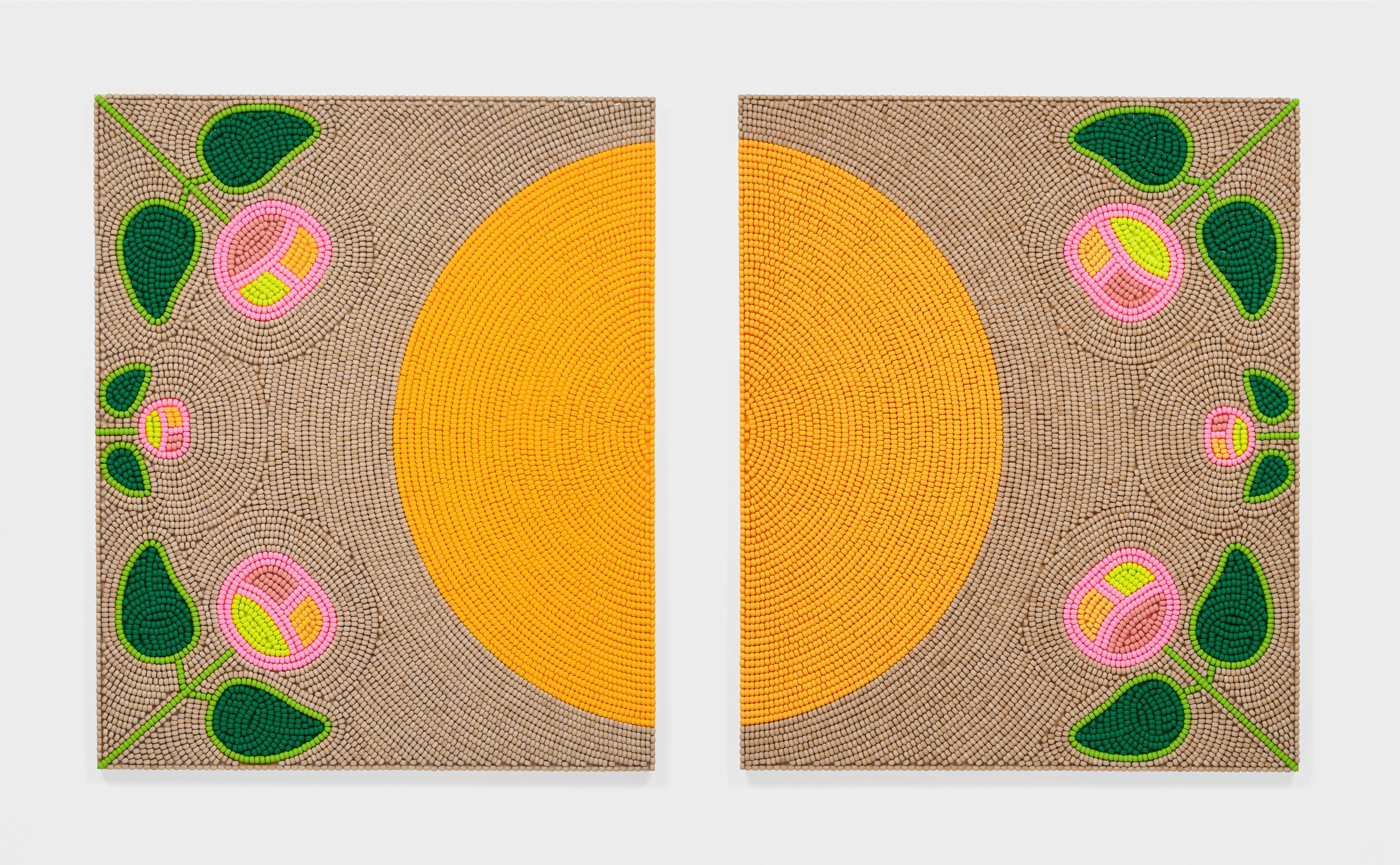 Ren&amp;eacute;e Condo, Plu&amp;#39;jaqama&amp;#39;tieg (a), 2025 (left),&amp;nbsp;Plu&amp;#39;jaqama&amp;#39;tieg (b), 2025 (right)

wood beads, acrylic paint, epoxy on wood panel

72 x 60 in (182.9 x 152.4 cm)