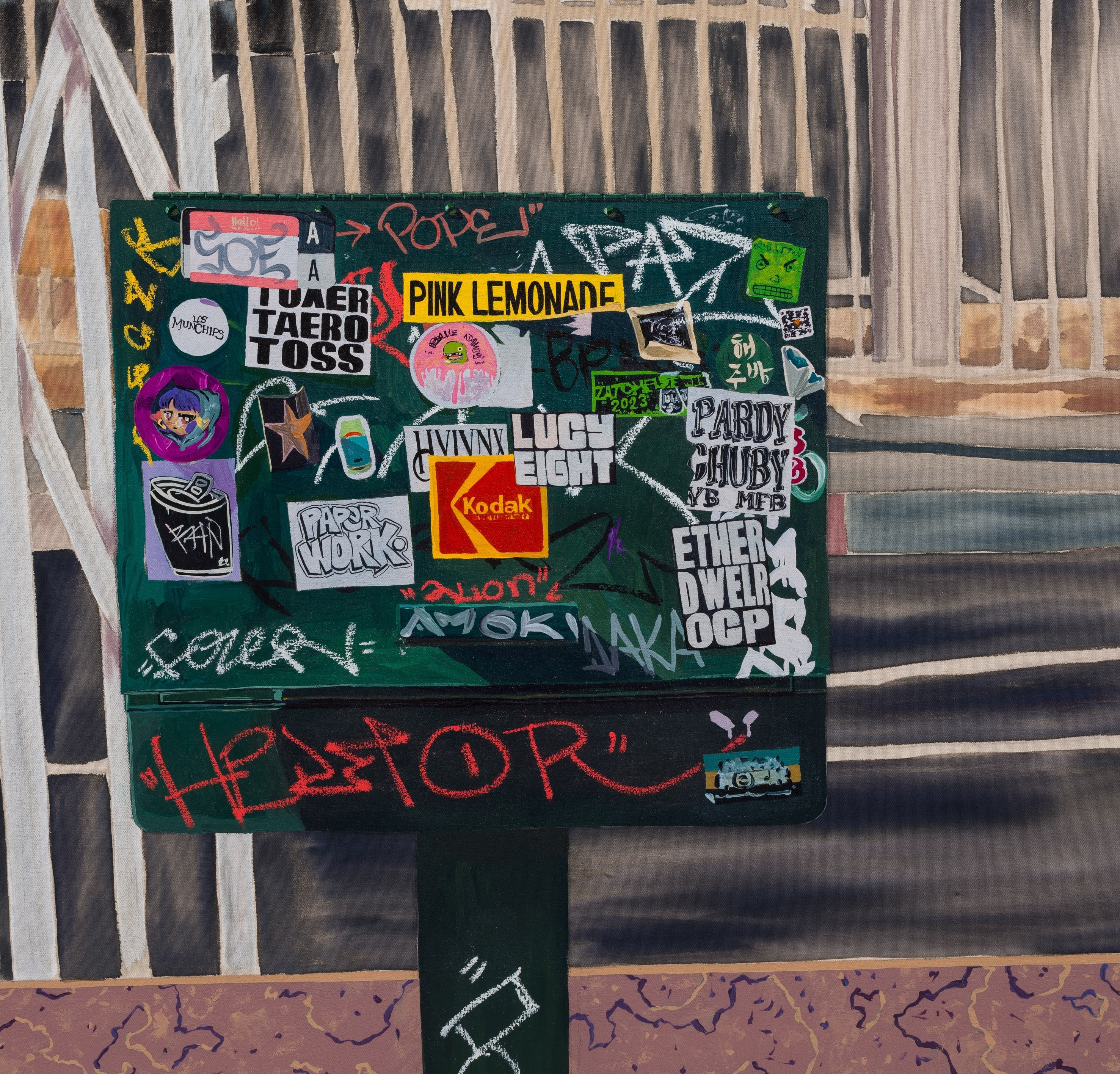 Detail of Tidawhitney Lek's "Travel Agency" depicting a mailbox covered in stickers and graffiti.