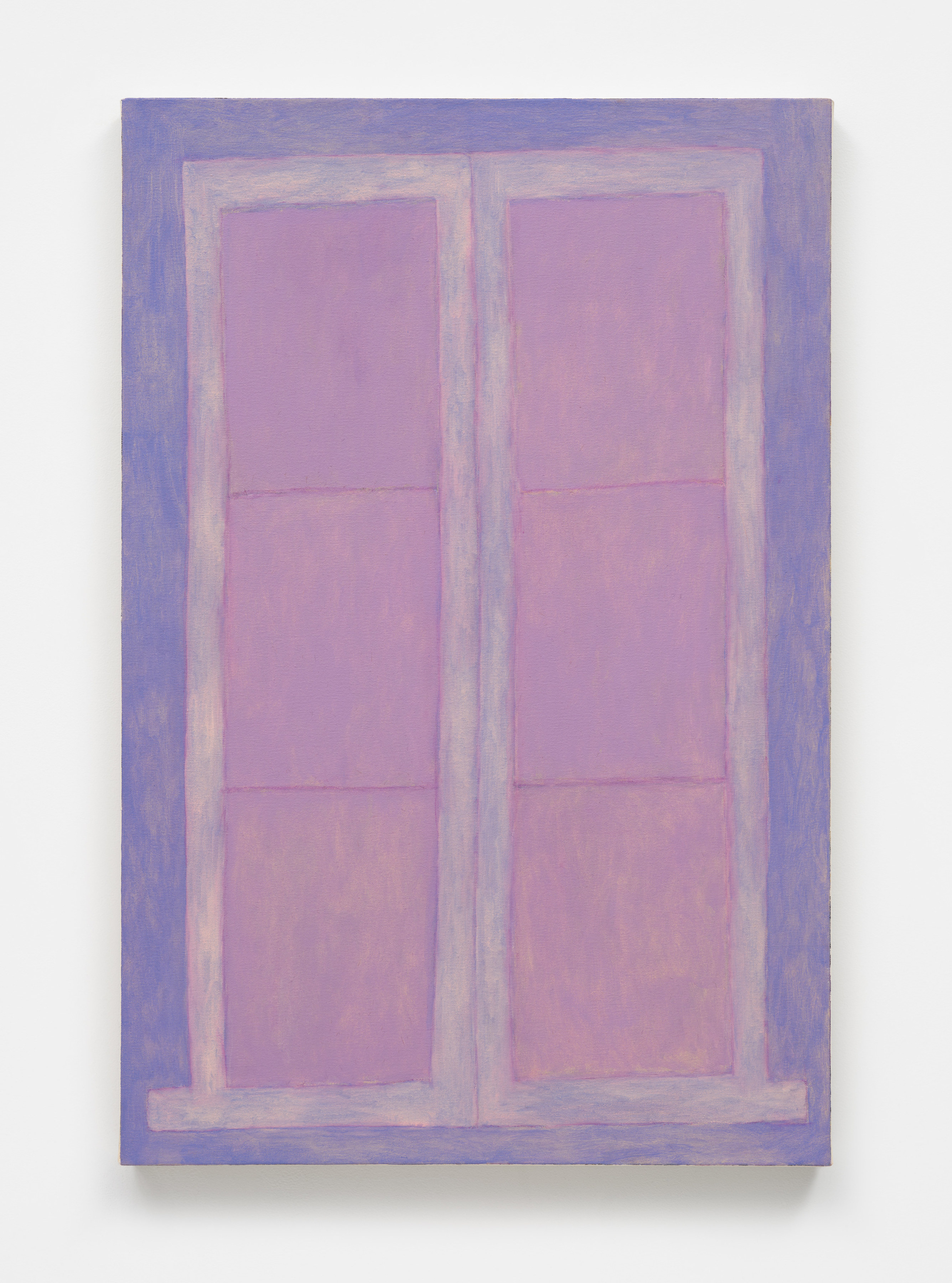 A painting of a paned window rendered in purple and pinks.