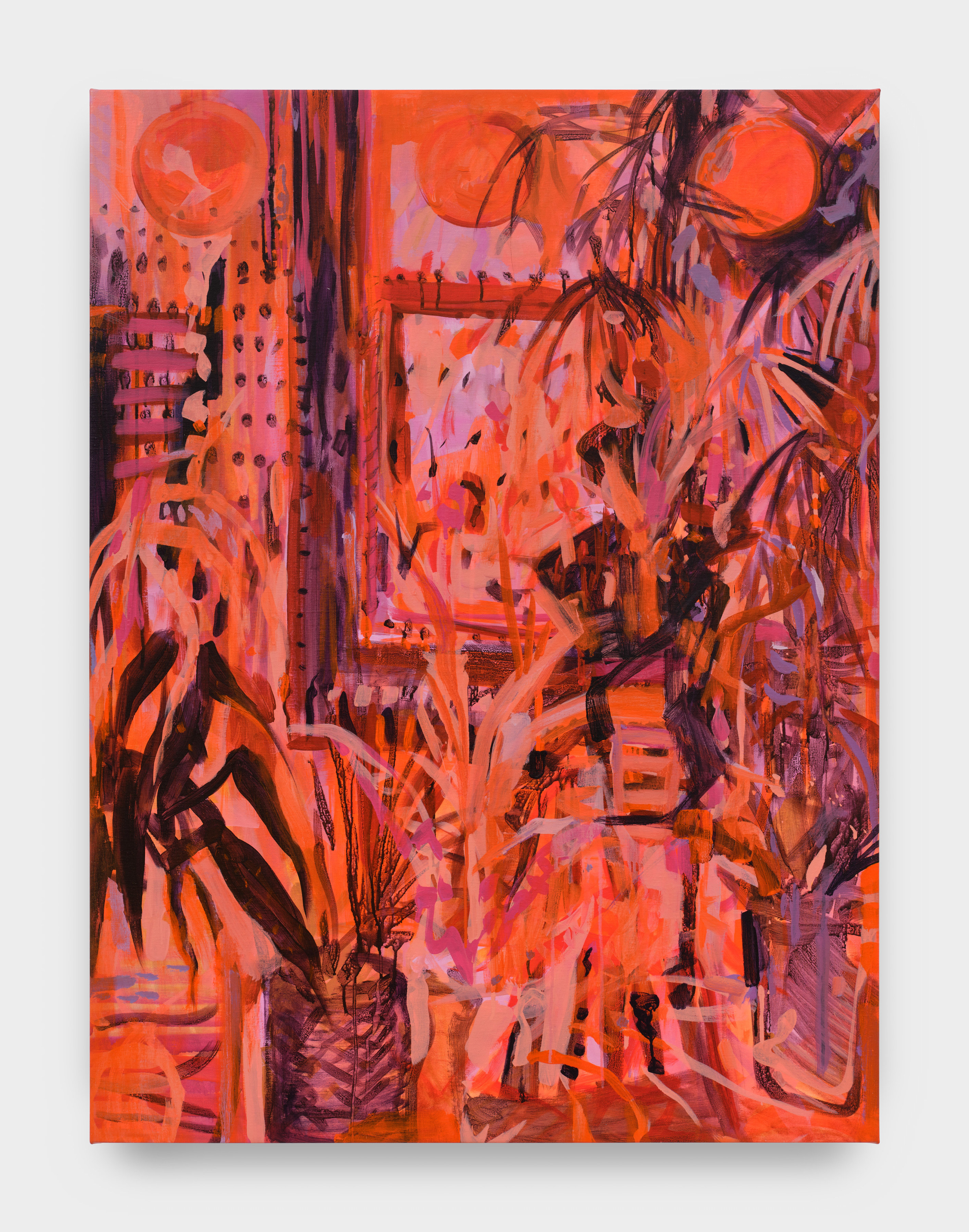 A painting by Elizabeth Schwaiger in orange and purple hues of a room with sprawling plants and a window.