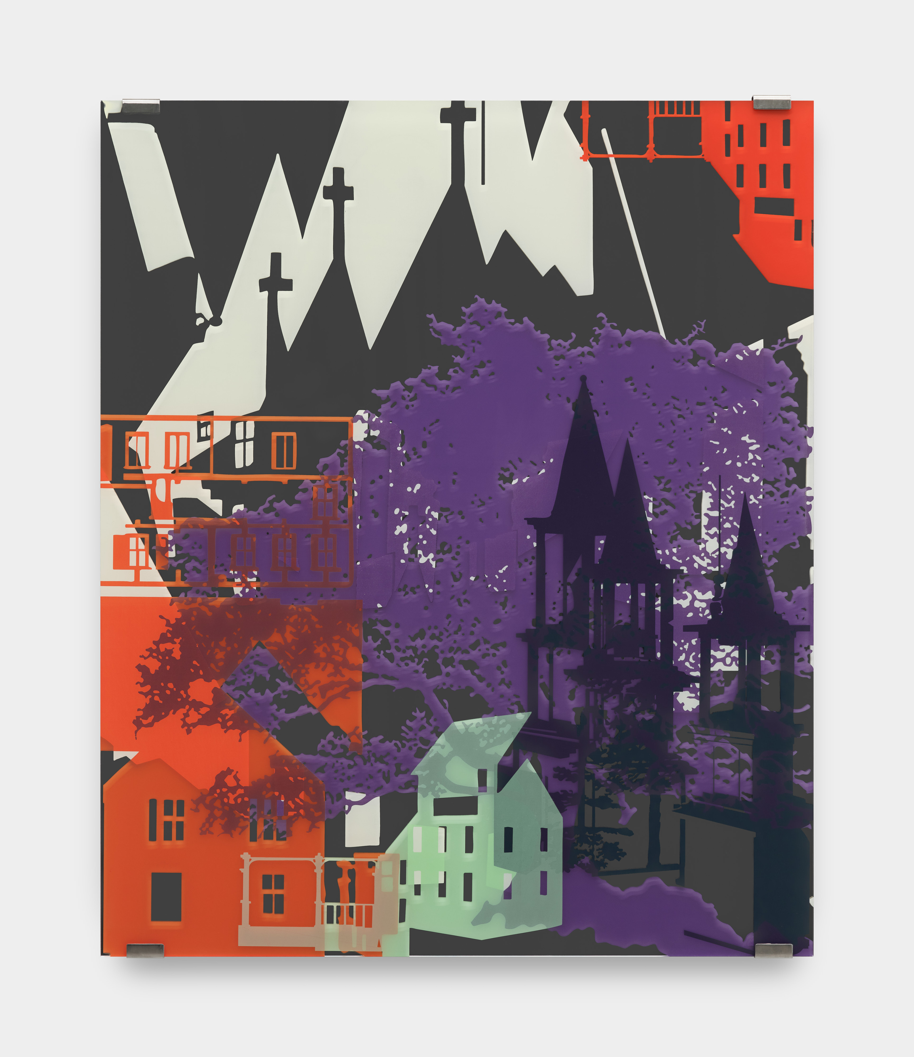 Layers of silkscreened images of churches, houses and steeples in orange, purple, grey and green on mirrored plexiglass. 