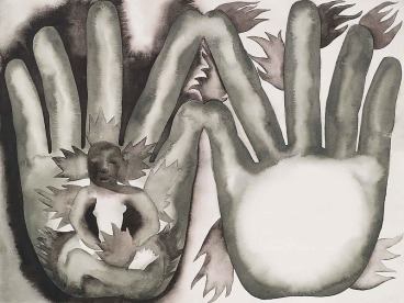 hand with a person on fire while the other hand is on fire