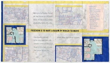 Collage of apartment blueprints and assorted text by SIMON EVANS&trade;.