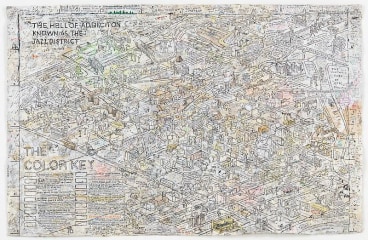 Illustration of a cityscape with a map legend and title by SIMON EVANS&trade;.