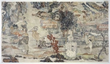 YUN-FEI JI The Scholars Flee In Horror, 2006.  Mineral pigments and ink on mulberry paper, 40 5/8 X 72 1/4 inches.