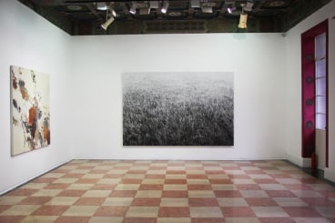 installation view of one black and white painting