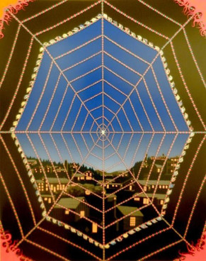 image of Fred Tomaselli's work resembling a spider web looking into a town