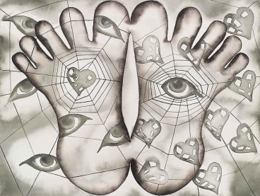 feet with spiderwebs, hearts, and eyes