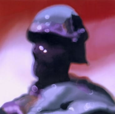 painting of a blurry image of a purple figure that looks like a soldier