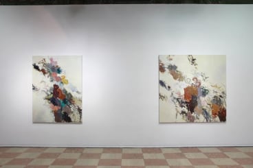 installation view of two abstract paintings