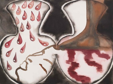 silhouettes of vases, one with blood falling on someone's face while the other has a foot stepping in blood