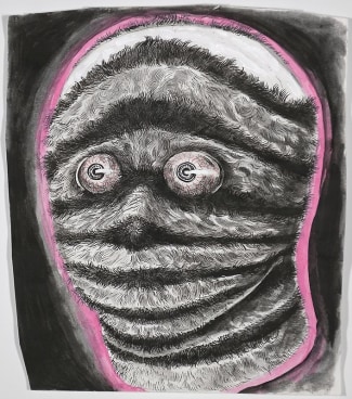 fluffy humanoid head with bloodshot eyes