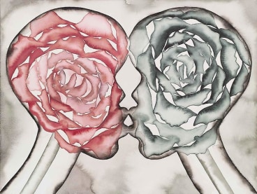 two silhouettes of people kissing with flowers filling up each face